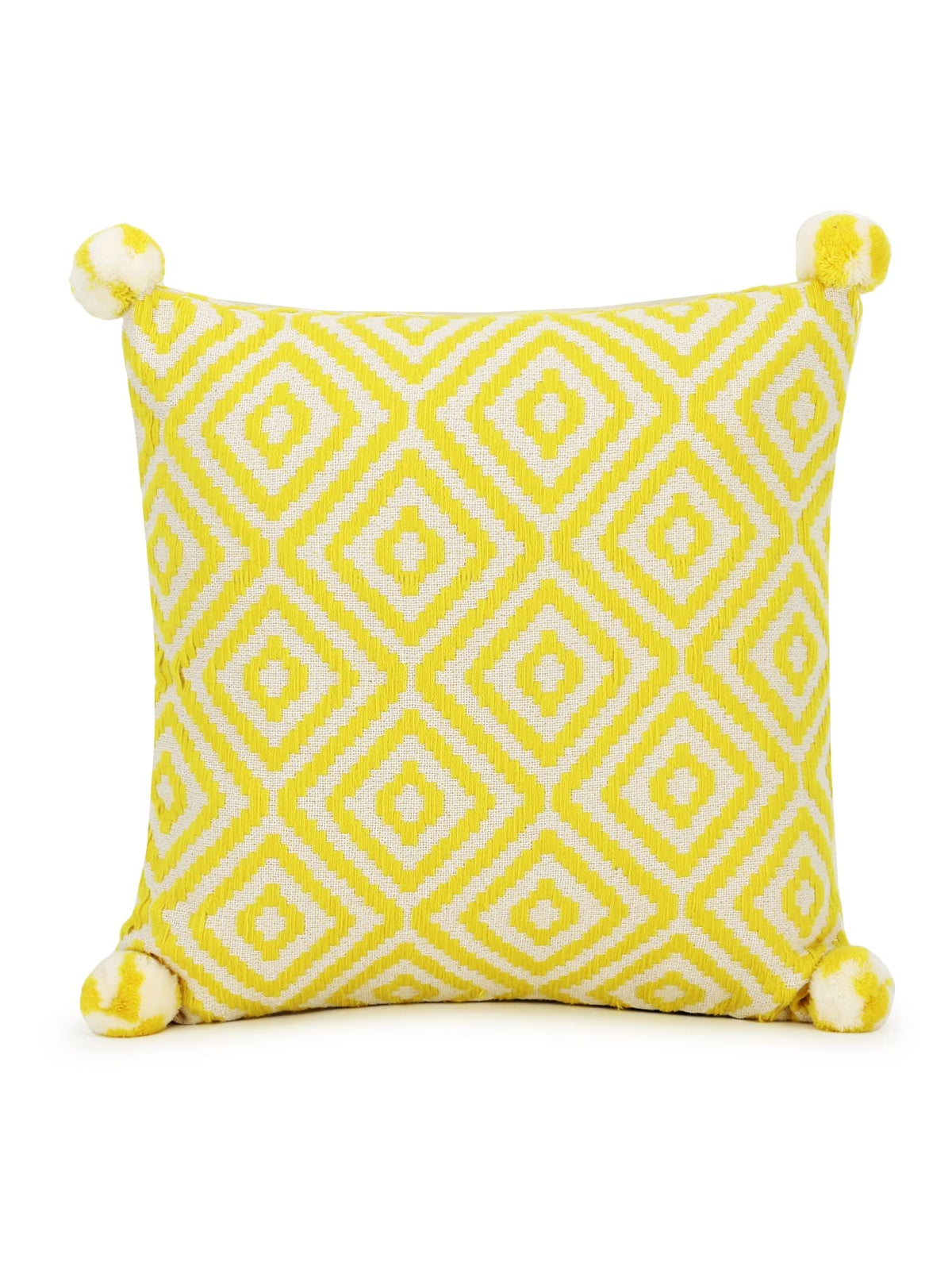 Mezposh Lemon Diamond Embroidered Cotton Acrylic Cushion Cover (16X16) (Lemon Yellow & Off White)