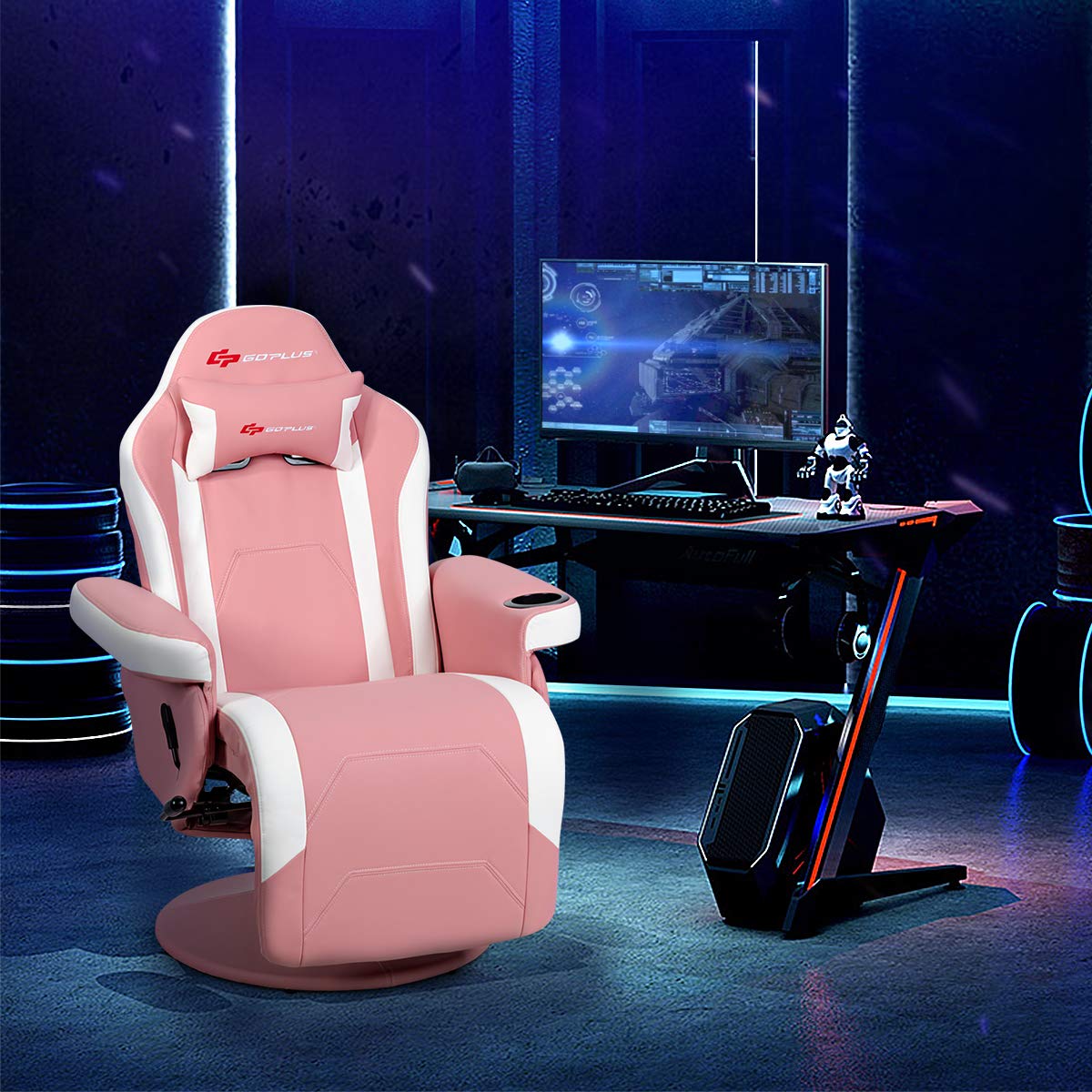 Goplus Massage Gaming Chair, Racing Style Gaming Recliner W/Adjustable Backrest And Footrest, Ergonomic High Back Pu Leather Computer Office Chair Swivel Game Chair W/Cup Holder And Side Pouch (Pink)
