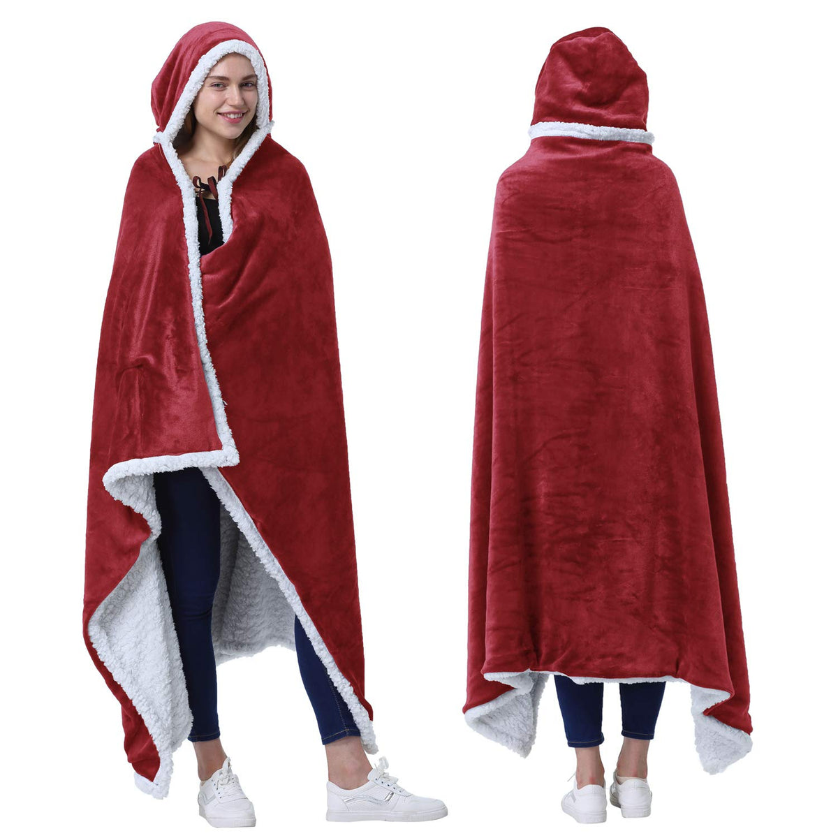 Catalonia Hooded Blanket Poncho | Wearable Blanket Wrap With Hand Pockets | Comfy Sherpa Fleece Throw Cape For Children And Adul