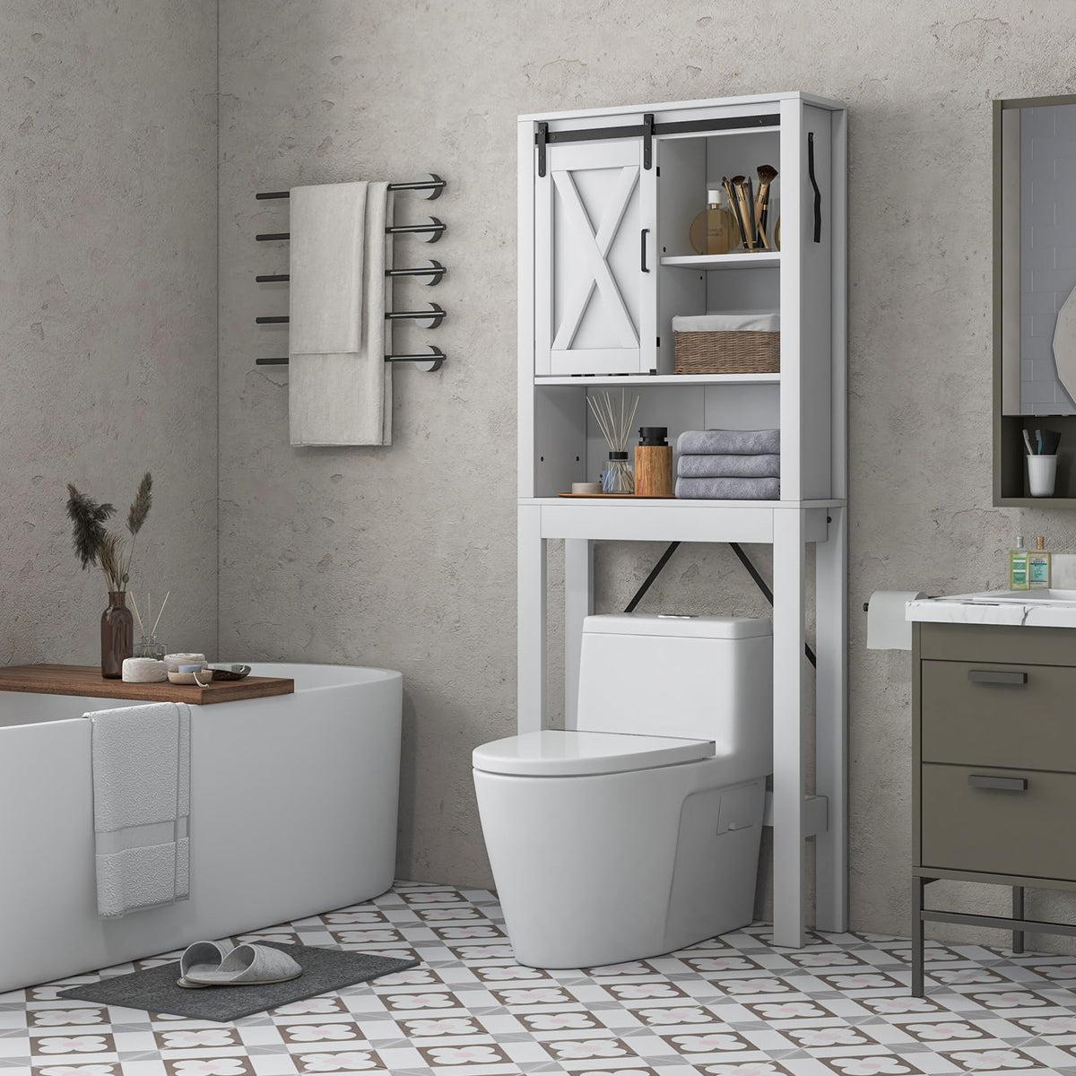Giantex Over The Toilet Space Saver Cabinet - Freestanding Bathroom Storage Cabinet, 3-Position Adjustable Shelves, Above Toilet Organizer With Sliding Barn Door, 3-Tier Toilet Organizer Rack, White
