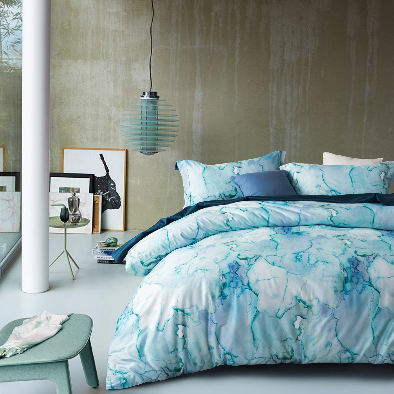 MILDLY 100% Long-Staple Cotton Duvet Cover Set Aqua Watercolor Marble Pattern Printed Comforter Cover 3pcs, Ultra Soft & Breatha