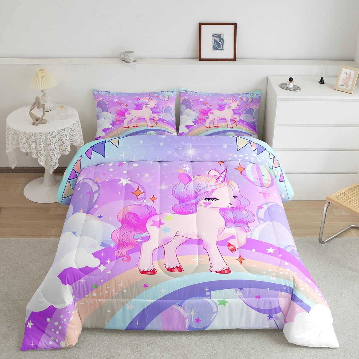 Feelyou Unicorn Girls Bedding Set Twin Kawaii Cute Rainbow Unicorn Comforter Set Reversible Cartoon Stars Comforter Kids Childre