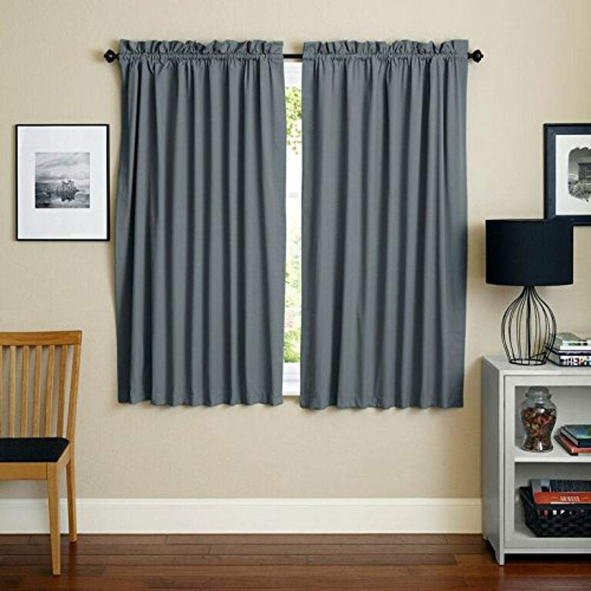 Blazing Needles Reversible Rod Pocket Room-Darkening Twill Curtain Panels, 63&quot; by 52&quot;, Steel Grey 2 Count