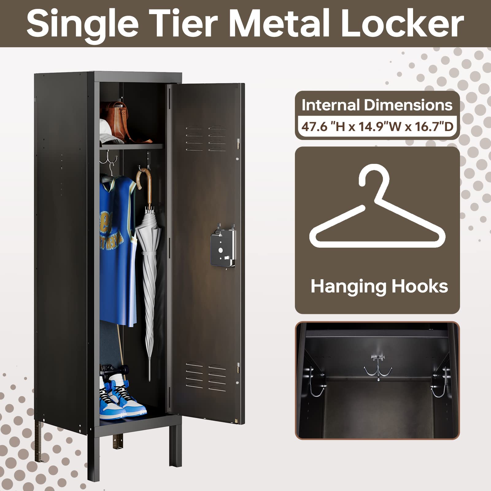 Miiiko Metal Storage Locker Cabinet With 1 Door, 18“ Deep Lockers With Hanging Hooks, Clothes Locker For School, Bedroom, Home Office, Gym And Changing Room