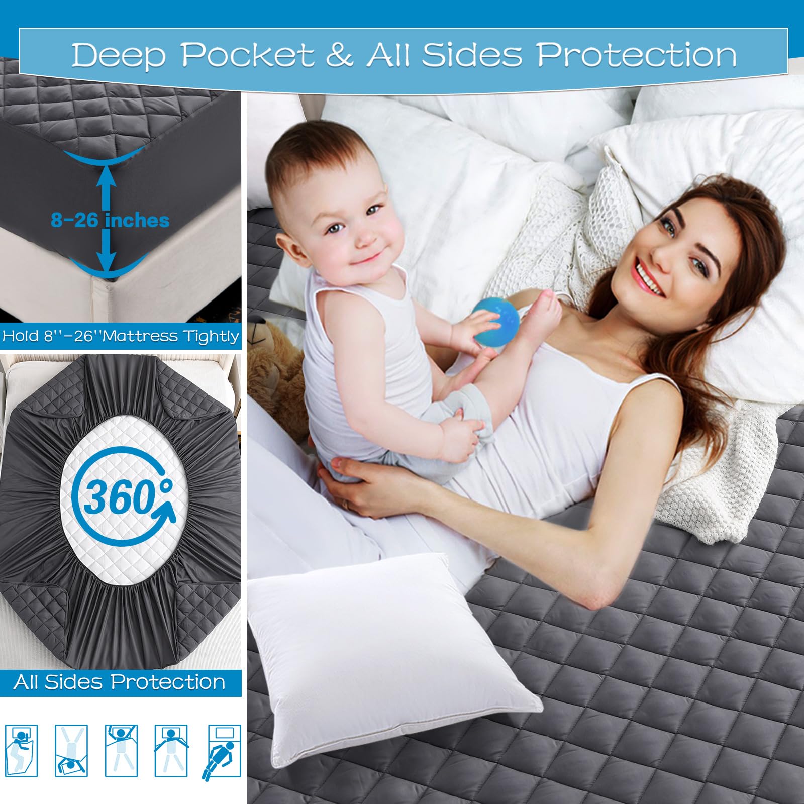 Grt Queen Size Grey Quilted Fitted Mattress Pad, 100% Waterproof Breathable Mattress Protector, Noiseless Hollow Cotton Mattress