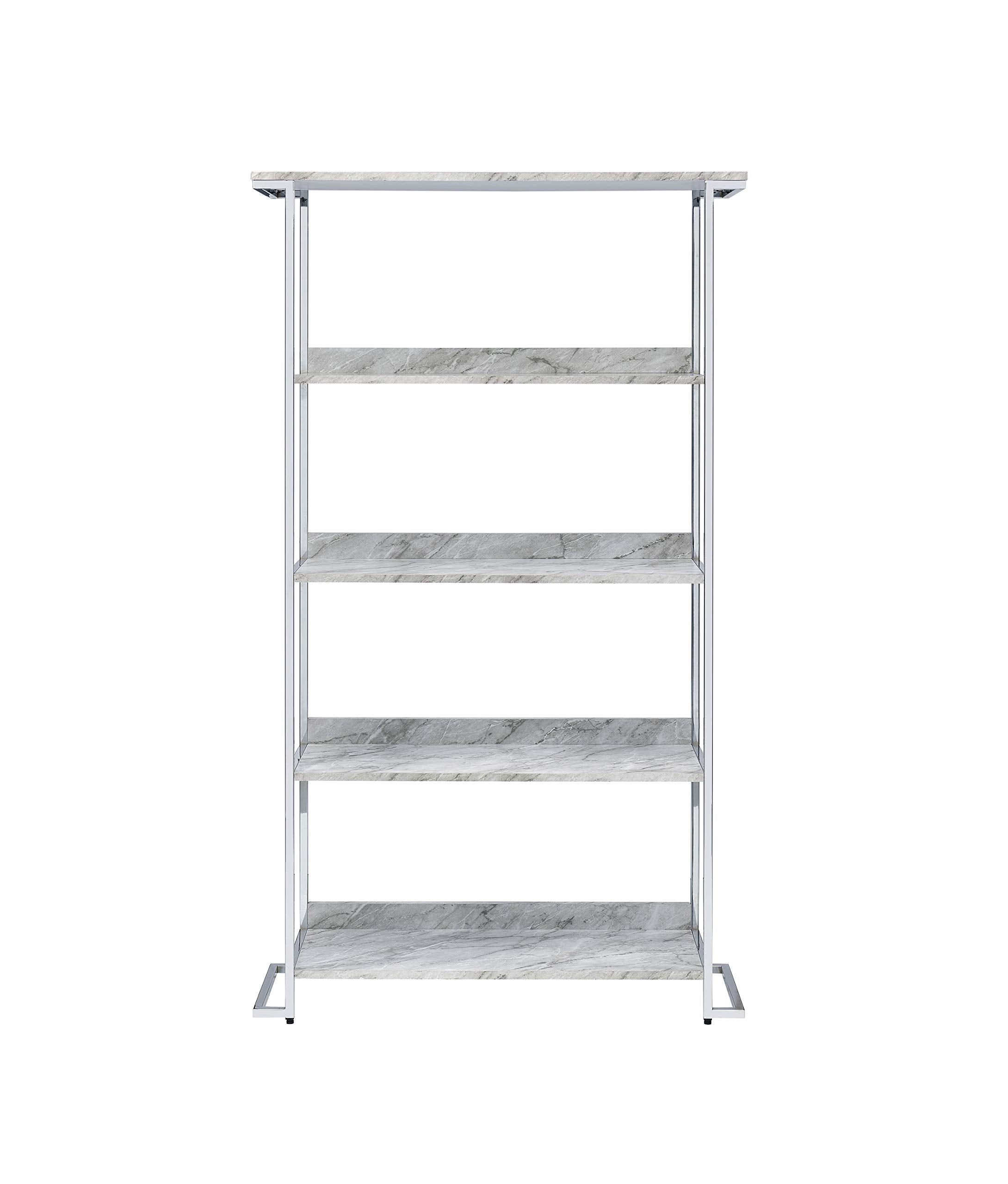 Acme Visage 5 Faux Marble Tiers Bookcase with Metal Frame in White and Chrome