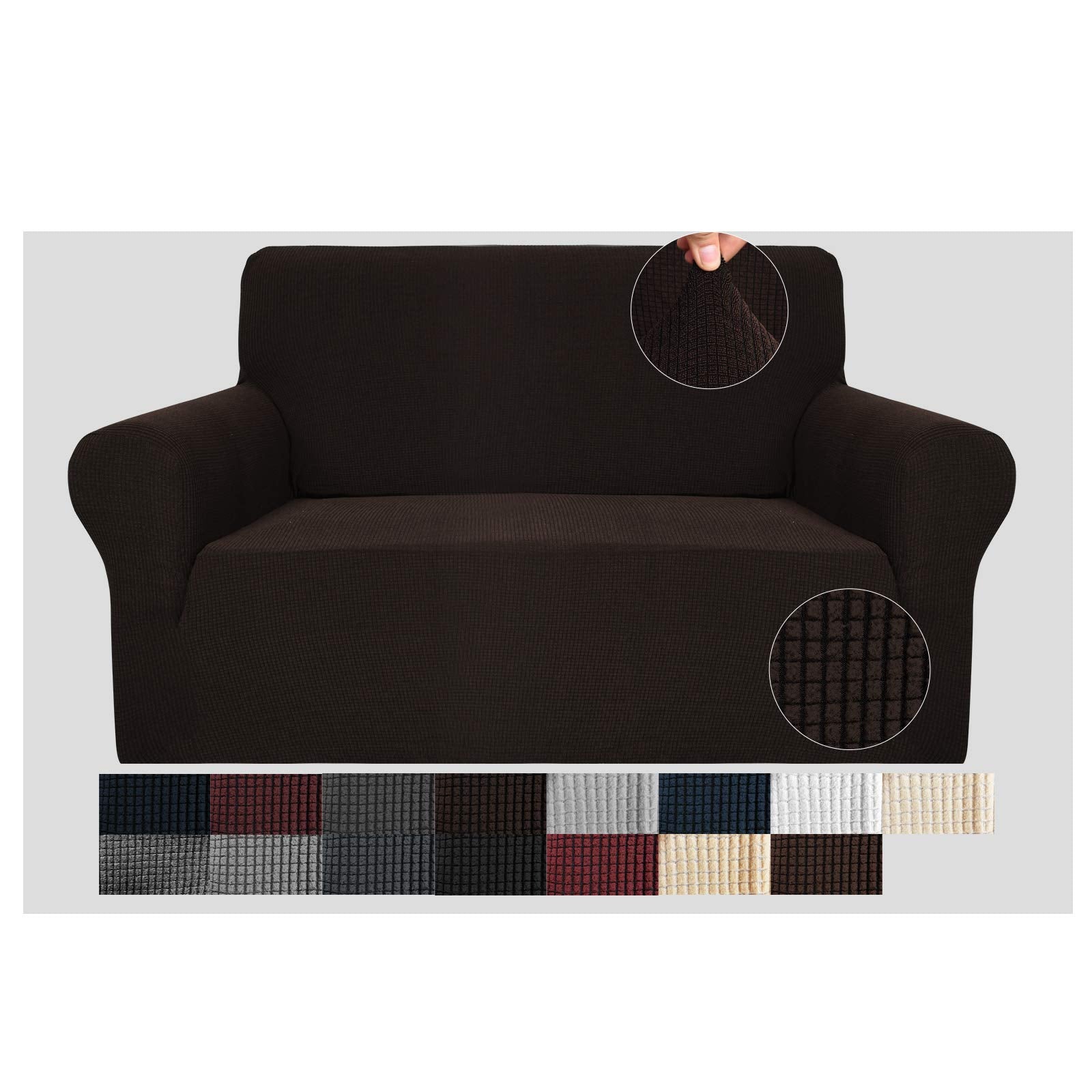 Jiviner High Stretch 1-Piece Jacquard Small Checks Couch Covers For 2 Cushion Couch Anti Slip Love Seat Sofa Covers Loveseat Slipcovers Protector For Kids Pets (Loveseat, Dark Coffee)