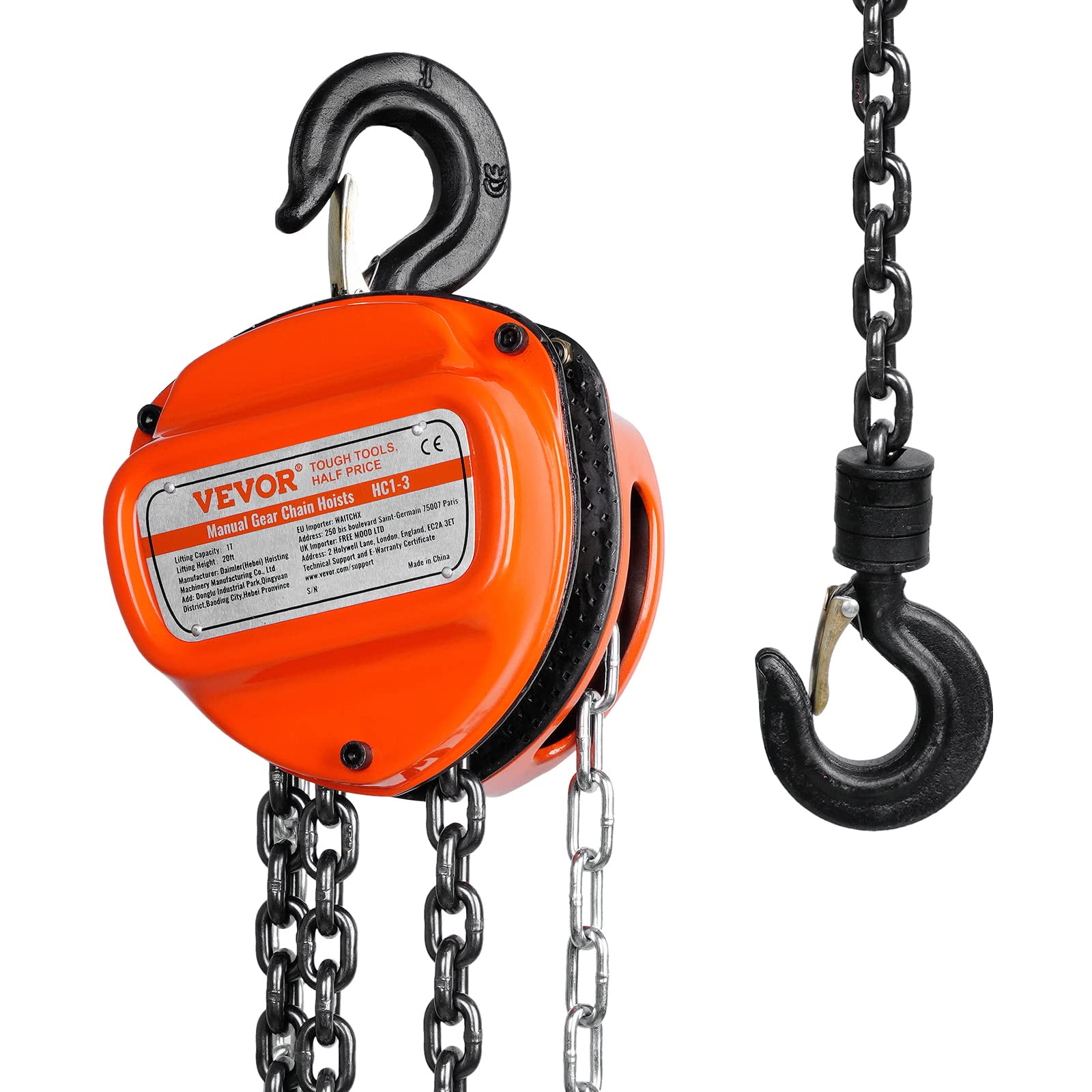 VEVOR Hand Chain Hoist, 1 Ton 2200 lbs Capacity 20 FT Come Along, G80 Galvanized Carbon Steel with Double-Pawl Brake, Auto Chain