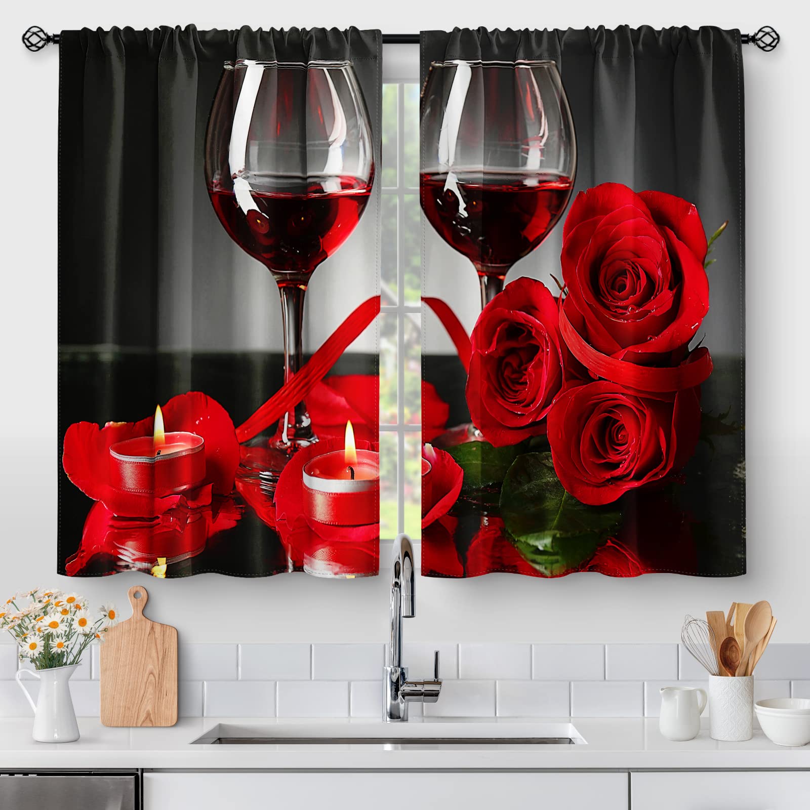 Wine Glass Red Rose Kitchen Curtains - Country Retro Romantic Flowers Rustic Short Cafe Tier Curtains Decor For Dining Room Vale