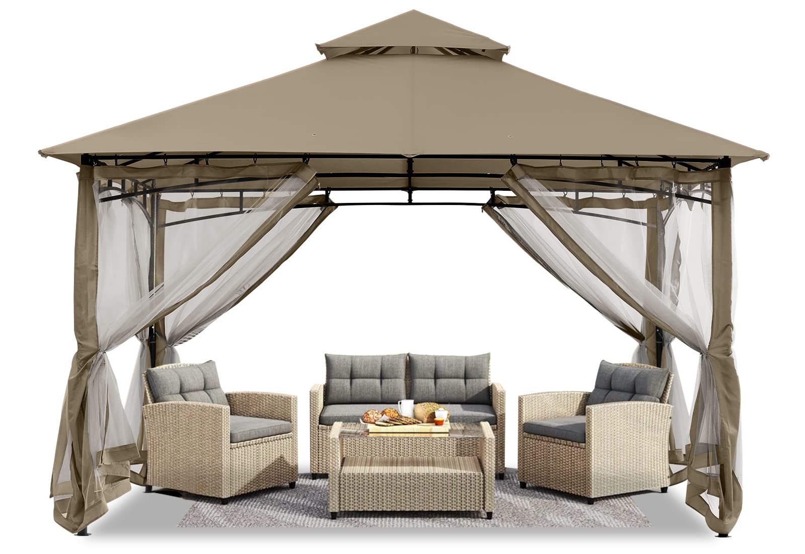 Abccanopy Gazebos For Patios 10X10 - Outdoor Steel Frame Gazebo With Mosquito Netting For Lawn Backyard Garden Deck (Khaki)