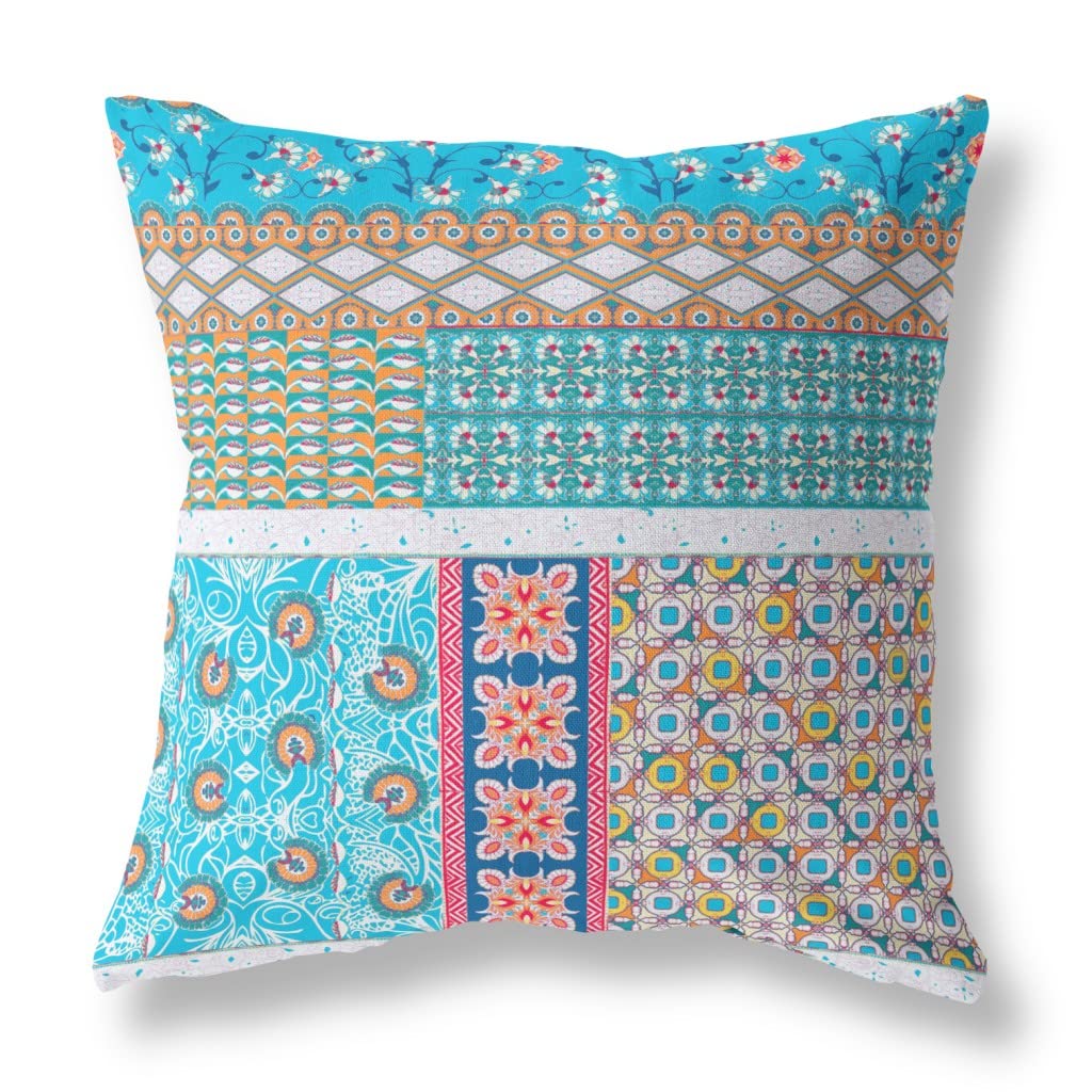 HomeRoots Turquoise and White 16â€ Turquoise White Patch Blown & Closed Suede Throw Pillow