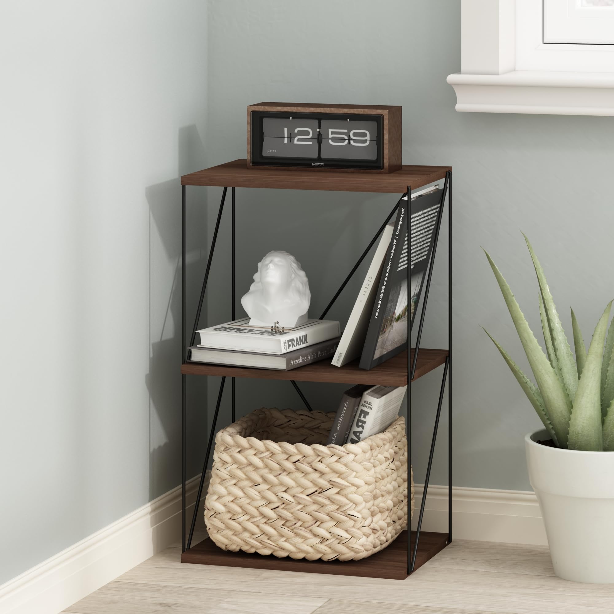 Furinno Rata 3-Tier Industrial Multipurpose Flat Base Shelf Display Rack with Metal Frame, Columbia Walnut