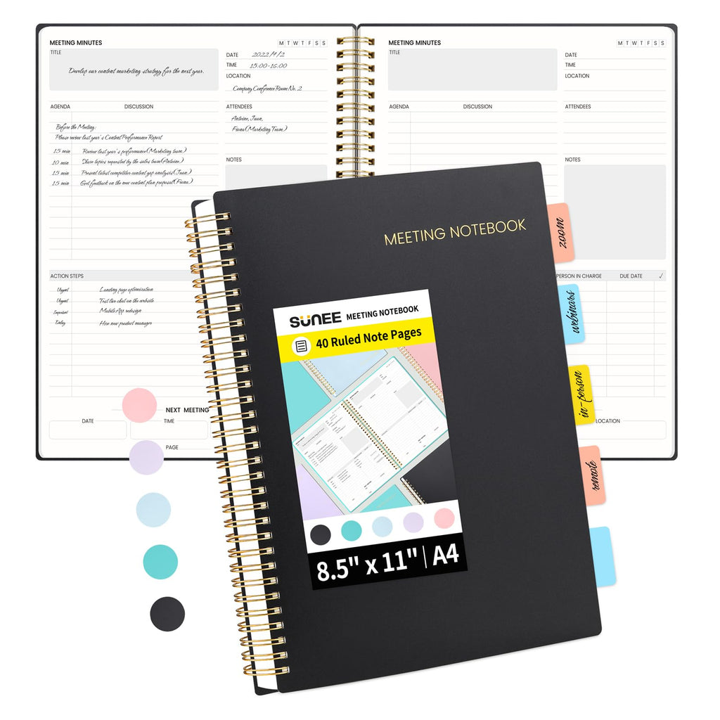 Sunee Meeting Notebook For Work With Sticky Tabs - 160 Pages, A4 Size Project Planner, Spiral Meeting Agenda/Minutes Notebook Or