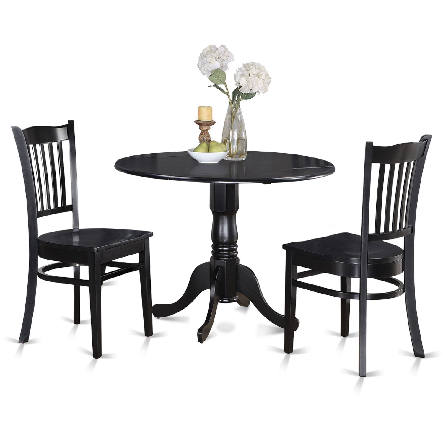 East West Furniture Dublin 3 Piece Set for Small Spaces Contains a Round Dining Room Table with Dropleaf and 2 Wood Seat Chairs, 42x42 Inch, Black