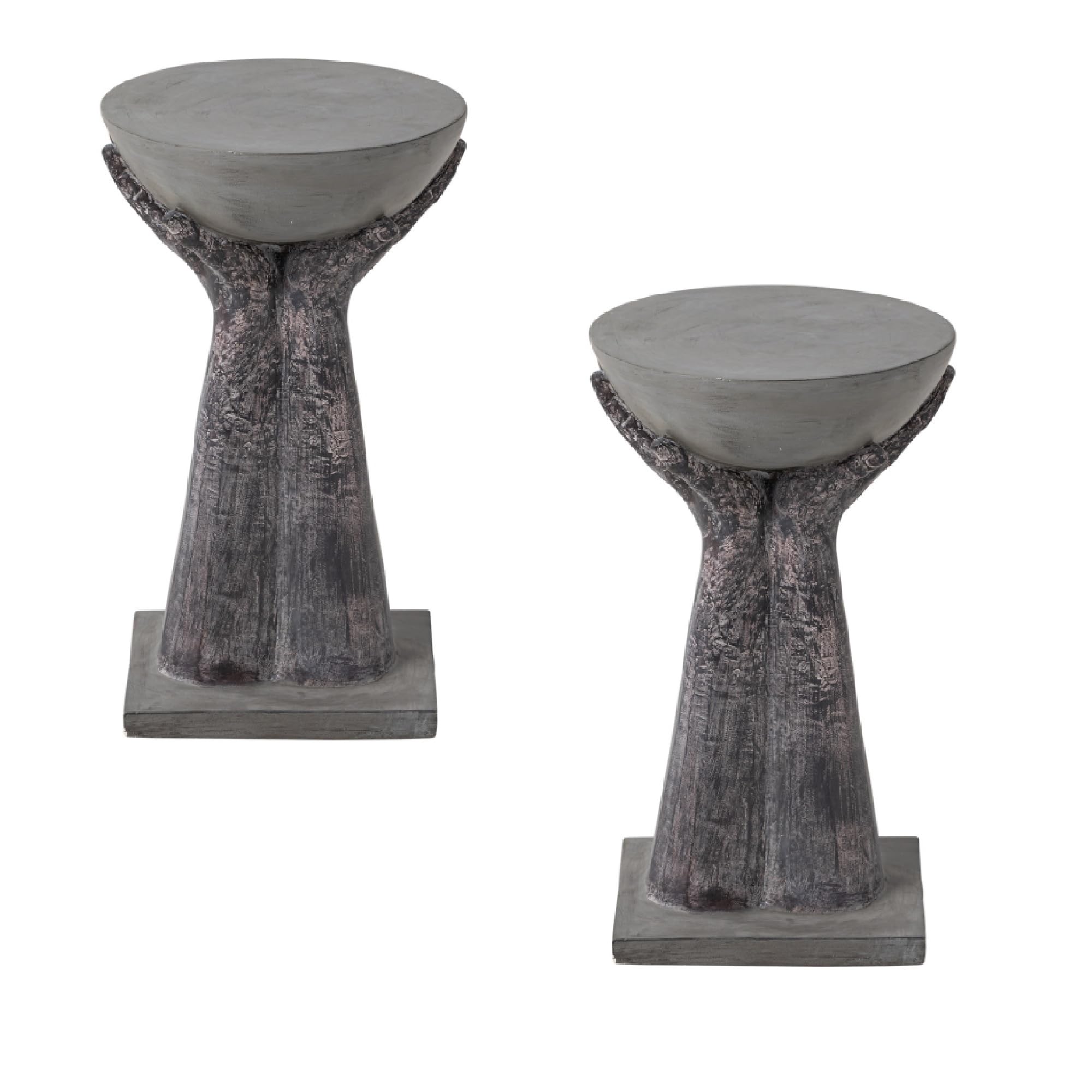 COSIEST Set of 2 Outdoor Side Table, Two Hands-Shaped Base w Round Top Accent Table, Lightweight Plant Stand, Concrete Finish