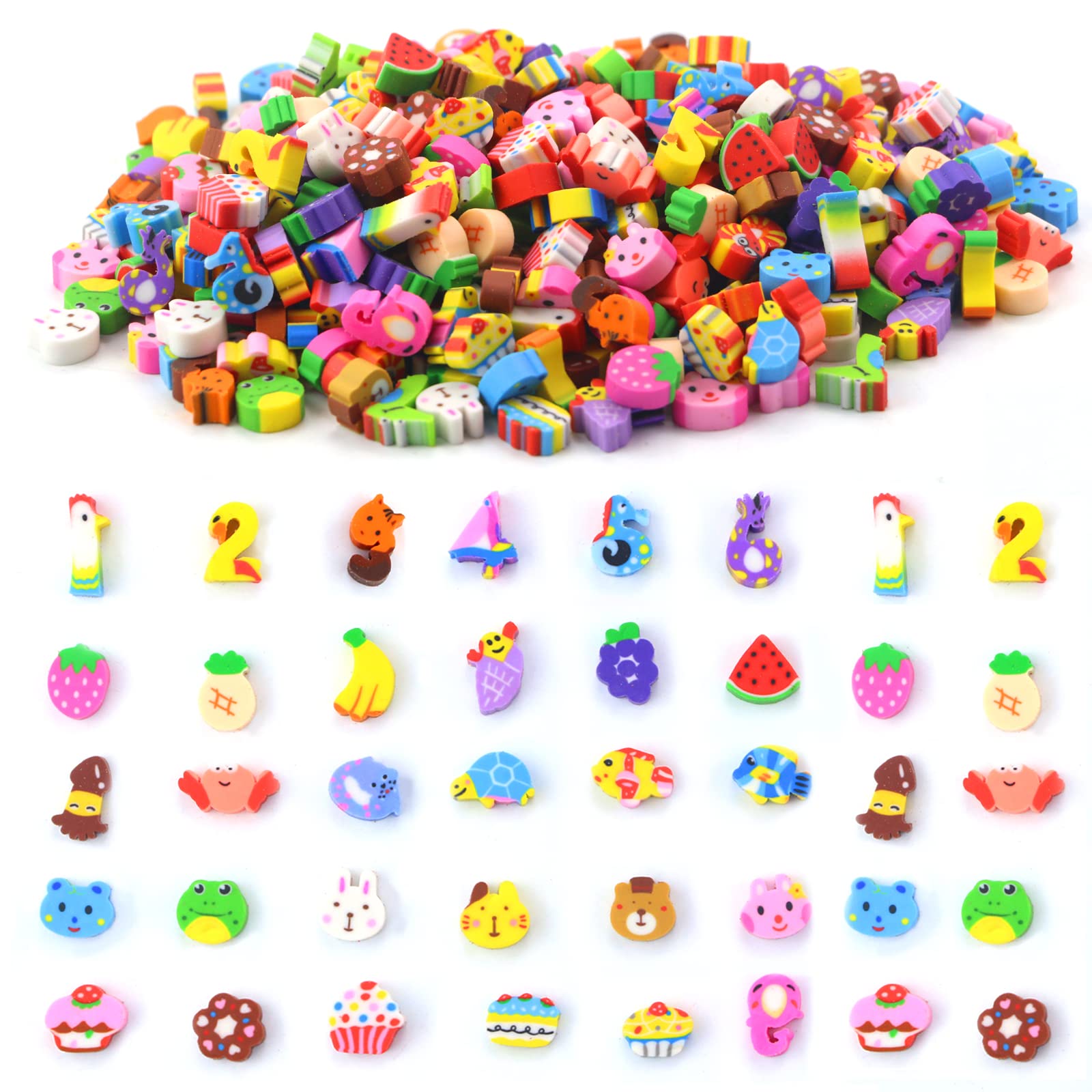 Newbested 750 Pcs Assorted Mini Novelty Pencil Erasers,Mini Colorful Cake Animal Sea Life Fruit Vegetable Collection Eraser For