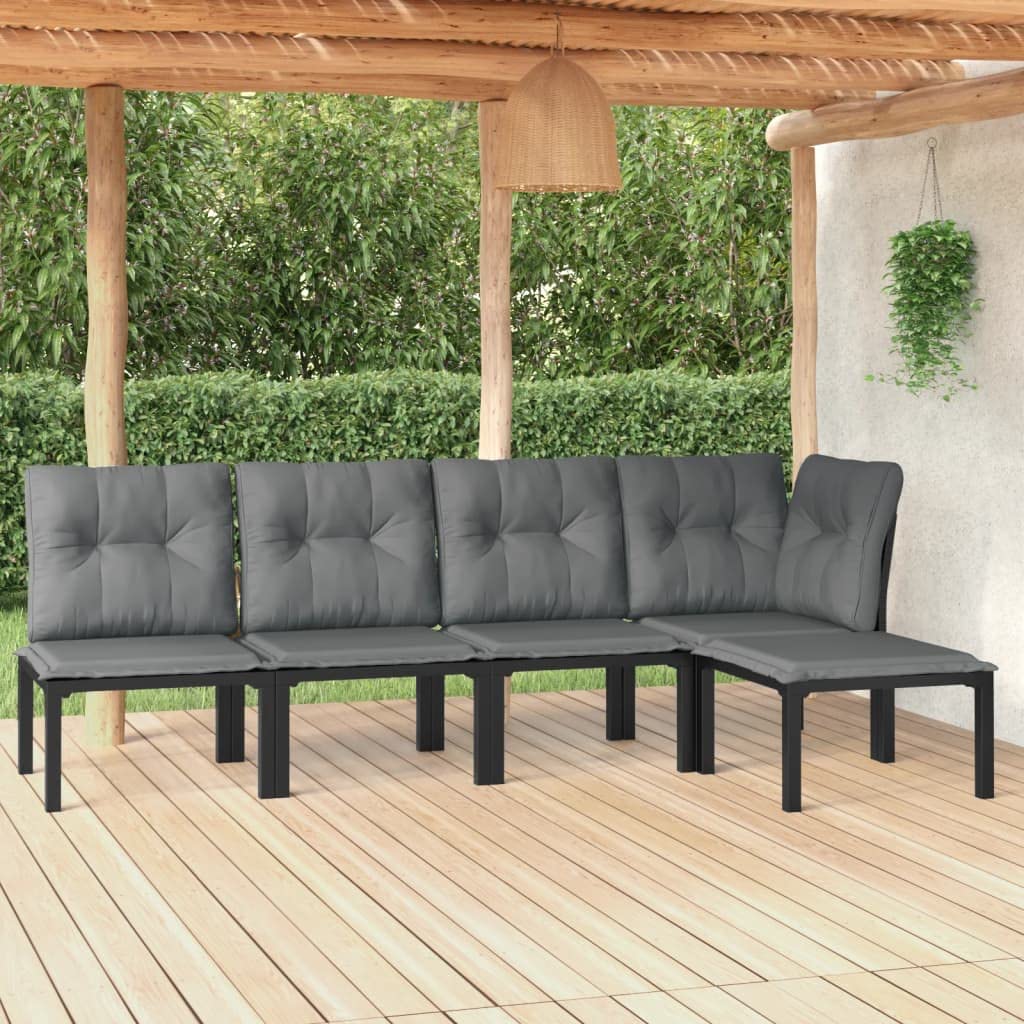 vidaXL Patio Lounge Set 5 Piece, Sectional Sofa Set with Cushions, Conversation Set with Outdoor Footstool, Modern Style, Black and Gray Poly Rattan