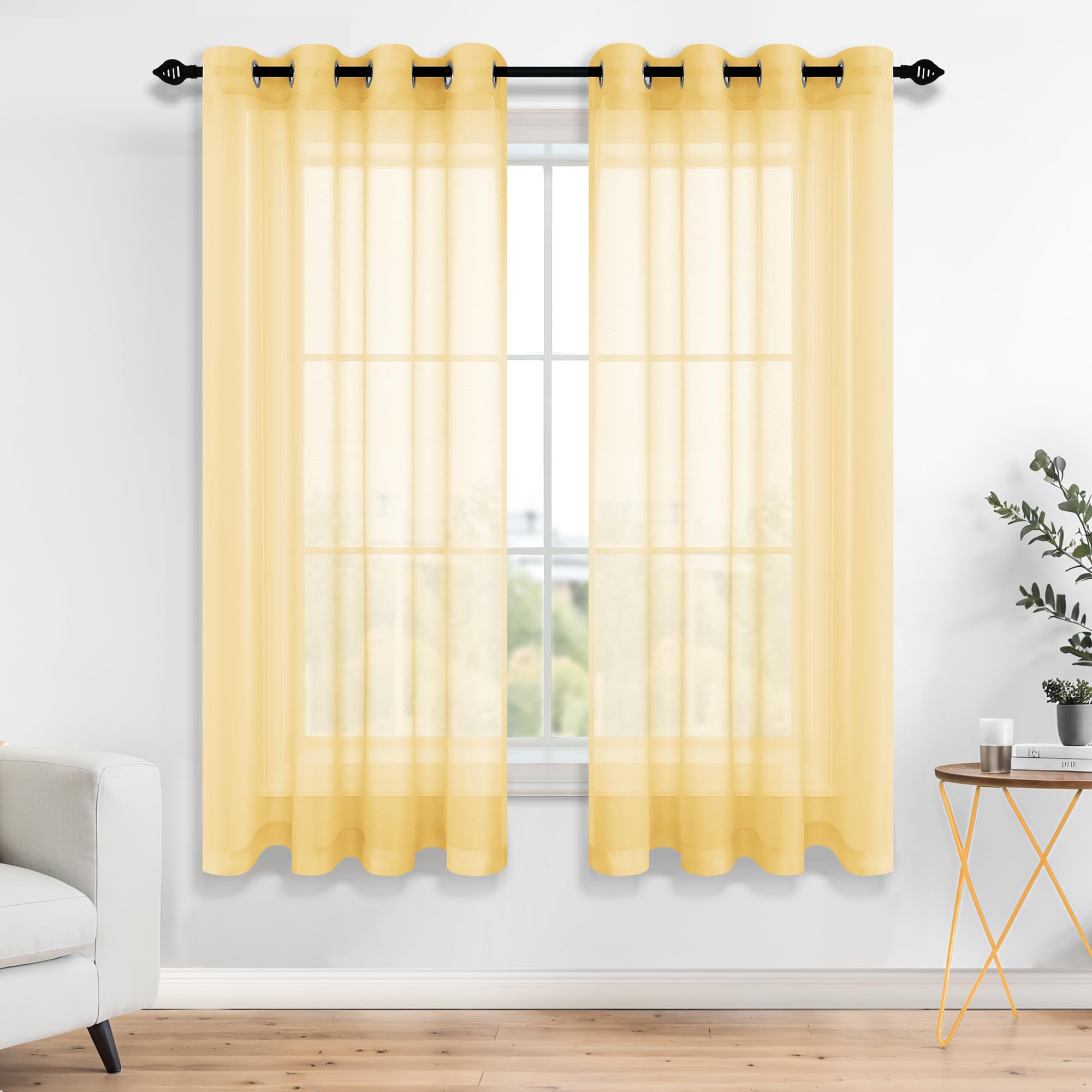 Mrs.Naturall Yellow Curtains 63 Inch Length For Bedroom 2 Panels Set Window Sheer Curtain For Living Room