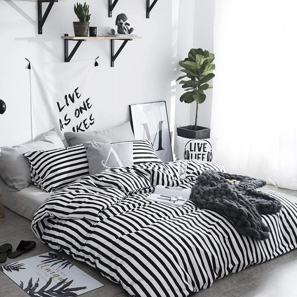 Luxlovery Black And White Comforter Set King Men Women Striped Bedding Comforter Set Farmhouse Ticking Stripes Bedding Blanket G
