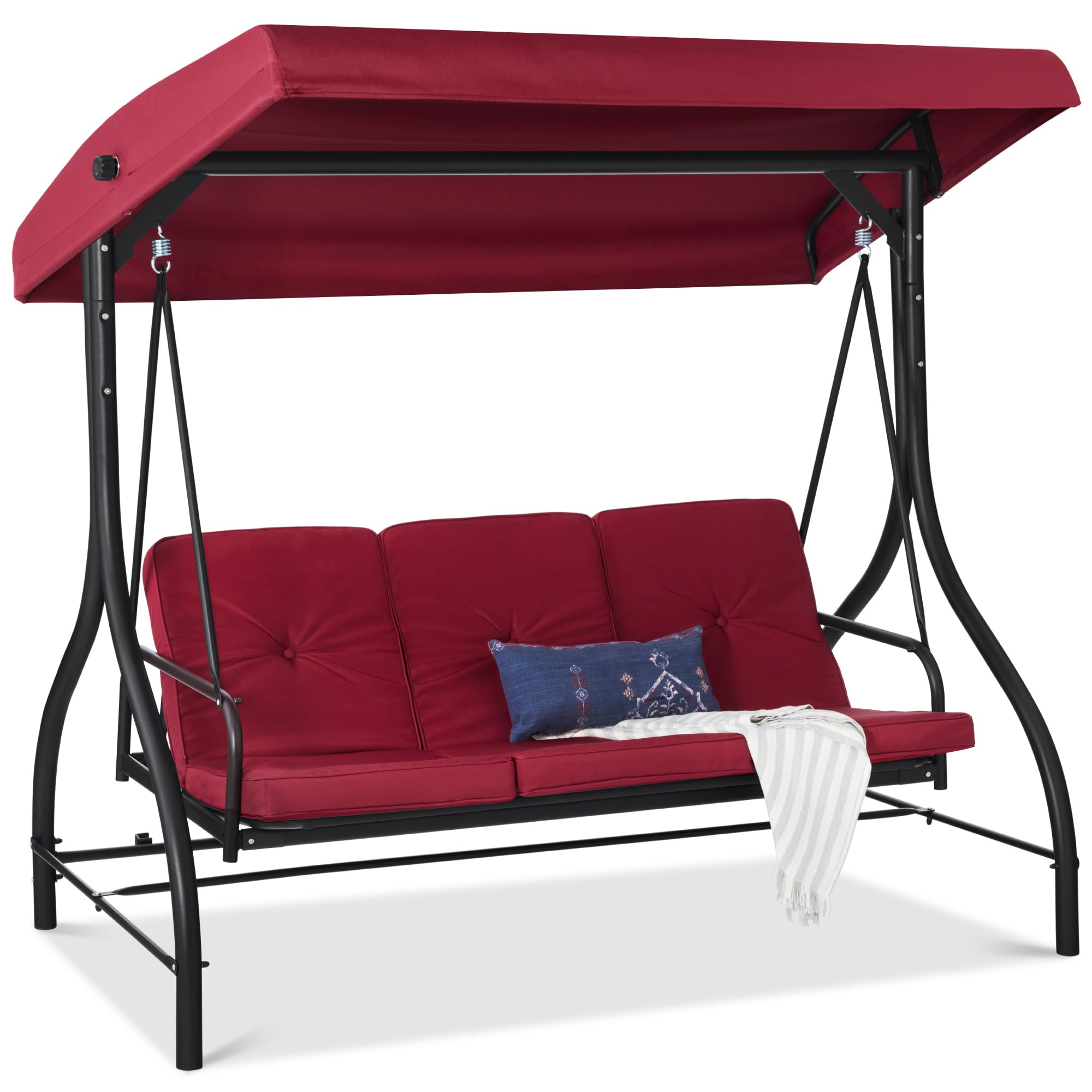 Best Choice Products 3-Seat Outdoor Large Converting Canopy Swing Glider, Patio Hammock Lounge Chair For Porch, Backyard W/Flatbed, Adjustable Shade, Removable Cushions - Burgundy