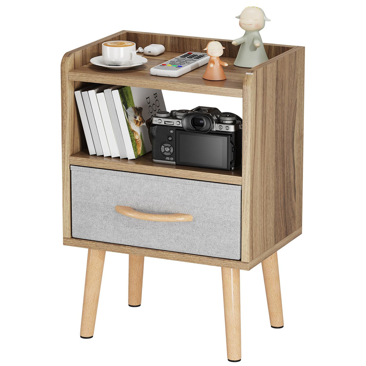 Lucknock Night Stand With Drawer, Modern Bedside Table, Mid Century Nightstand With Open Storage Shelf, Small Bedside Tables For Bedroom, Sturdy Wood Bedroom Side Table, Walnut.