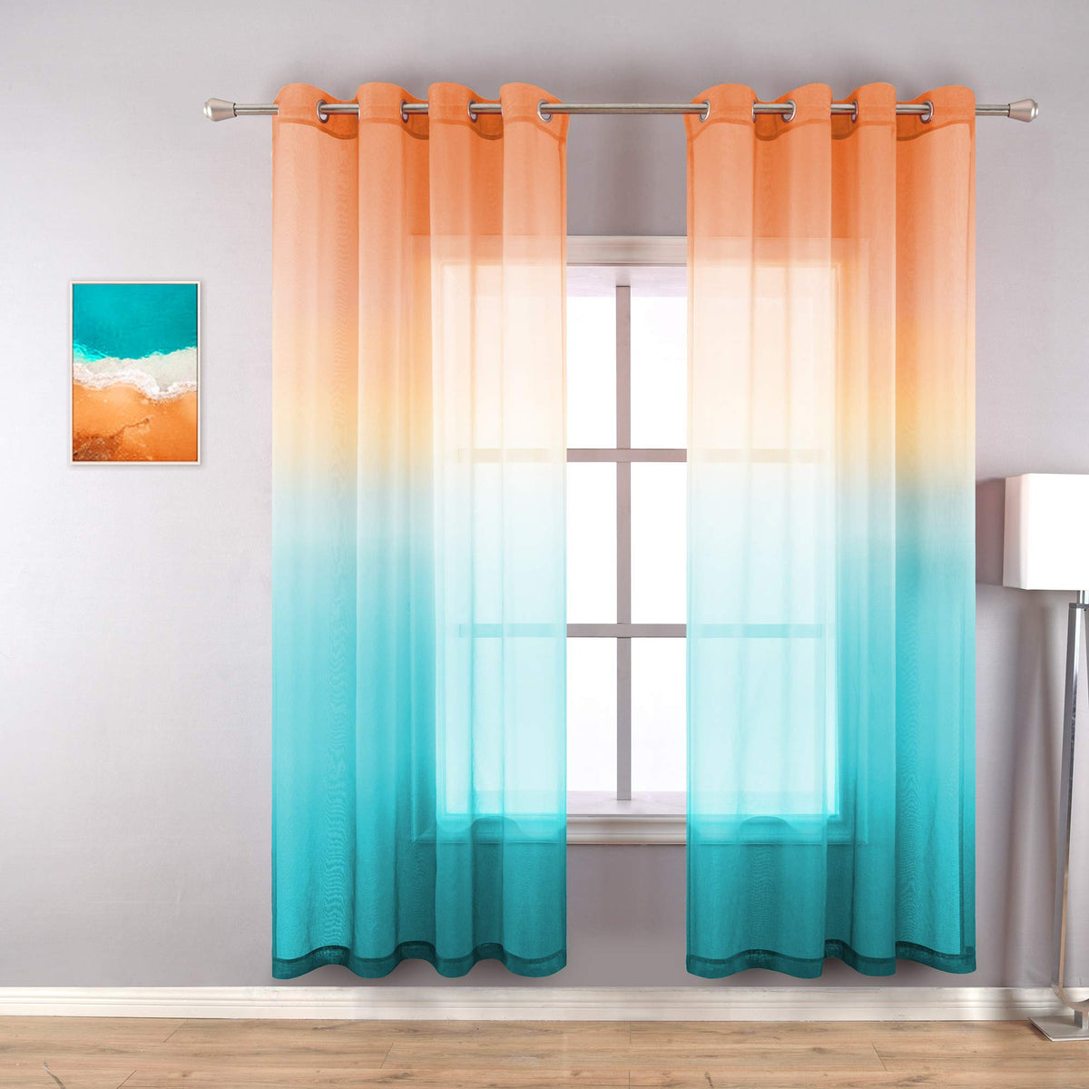 Koufall Beach Curtains For Bedroom,Coastal Curtains For Living Room 63 Inch Length 2 Panel Set,Orange And Turquoise/Teal