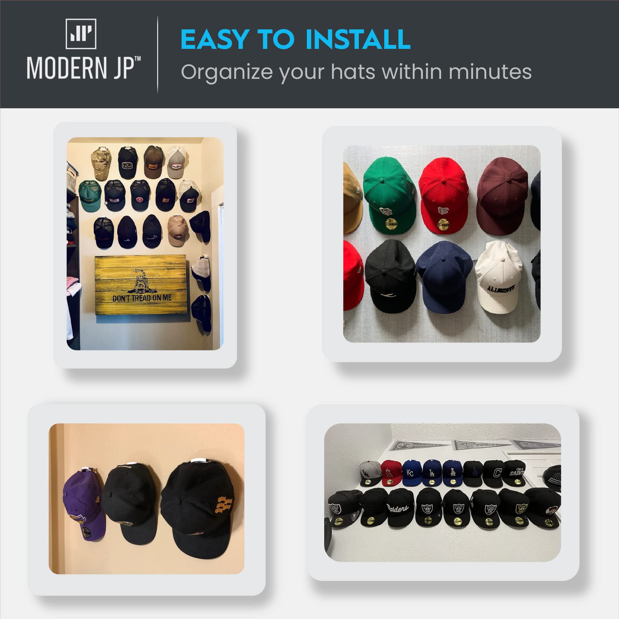 Modern Jp Adhesive Hat Hooks For Wall (8-Pack) - Minimalist Hat Rack Design, No Drilling, Strong Hold Hat Hangers - Usa Patented