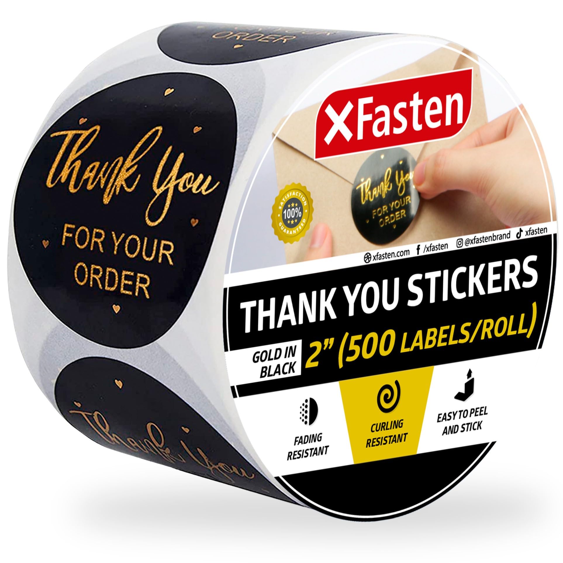 Xfasten 2' Thank You Stickers Roll, 500 Gold Foil Round Sticker Label Per Roll, Black | Thank You Stickers Small Business Suppl