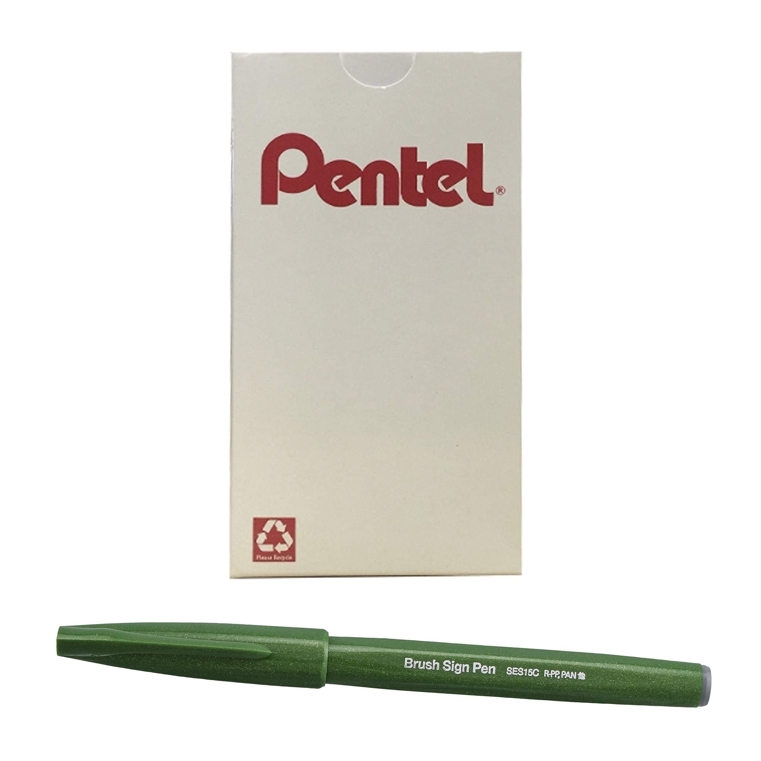 Pentel Arts Sign Pen Brush, Olive Green Ink, Box Of 12 Pens