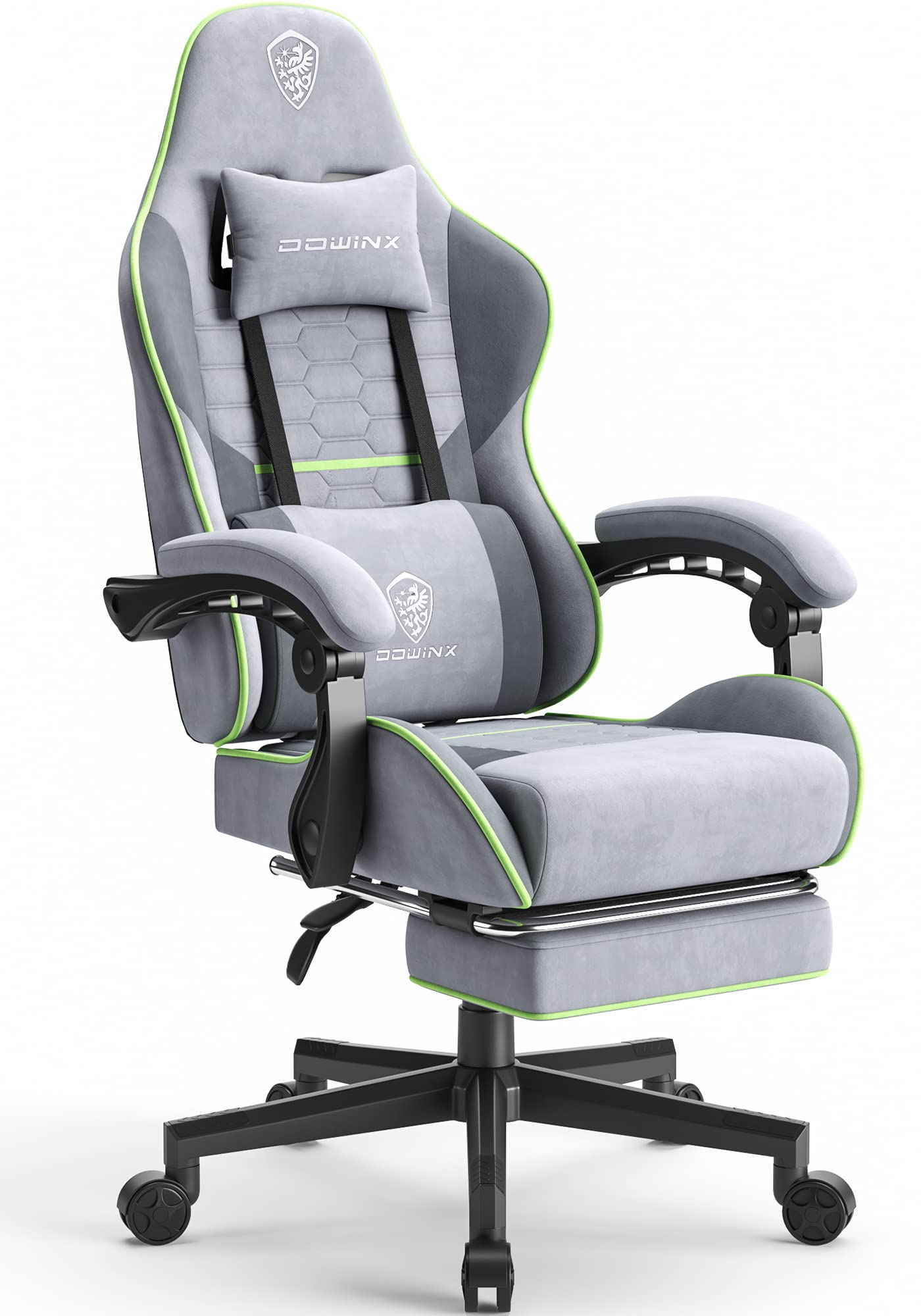 Dowinx Gaming Chair Fabric With Pocket Spring Cushion, Massage Game Chair Cloth With Headrest, Ergonomic Computer Chair With Footrest 290Lbs, Light Grey