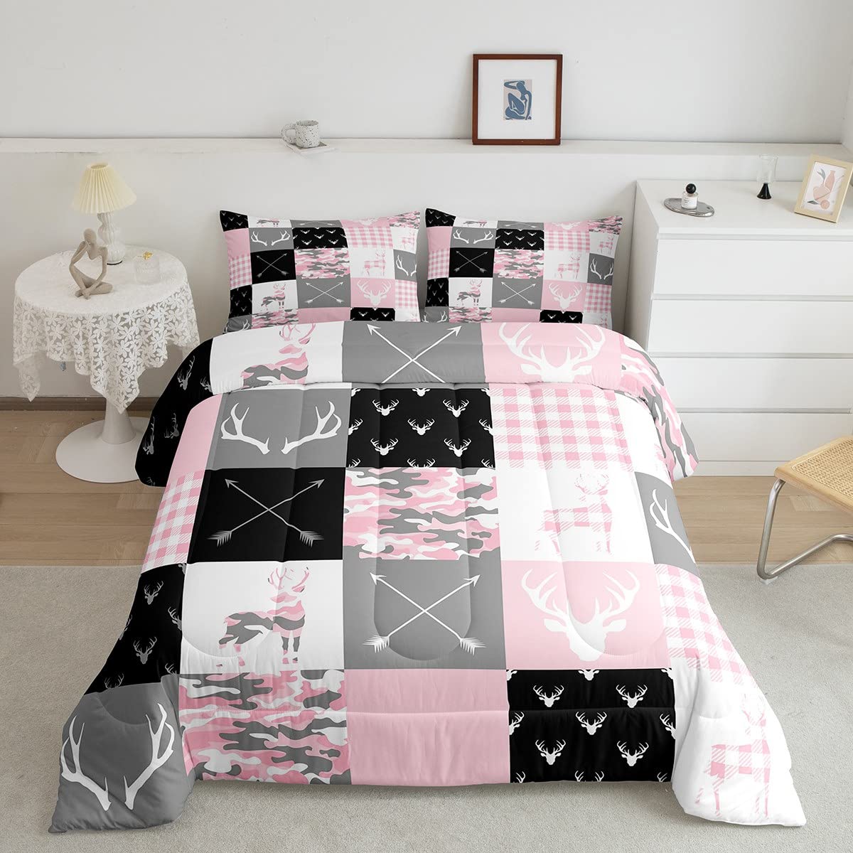 Pink Camo Antlers Kids Comforter Set Full Size,Geometric Checkered Boho Arrows Patchwork Bedding Set,Wild Animals Hunting Rustic