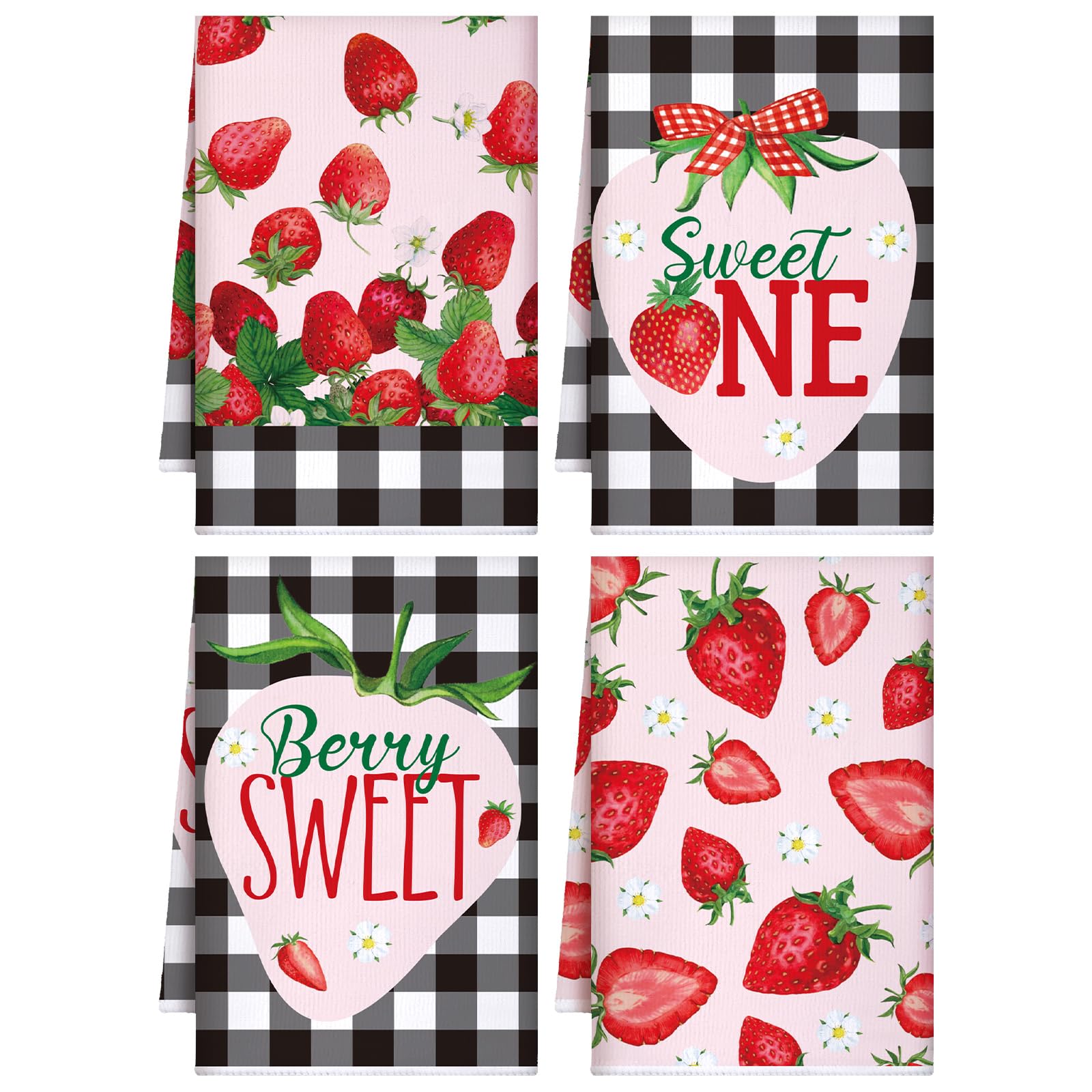 Bencailor 4 Pcs Strawberry Kitchen Towels Spring Berry Hand Dish Towels Absorbent Black Red Grid Tea Towel Fast Drying Housewarm
