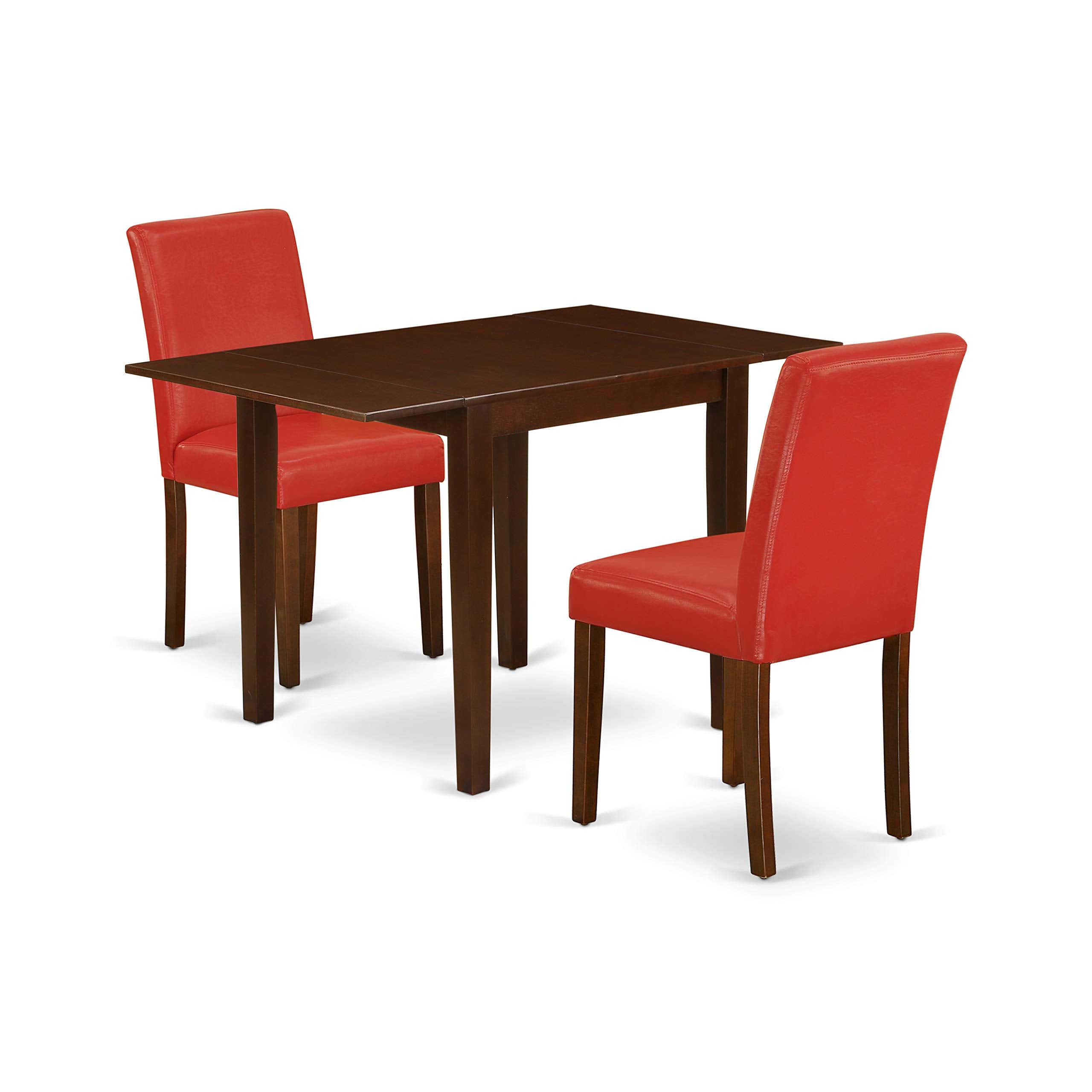 East West Furniture 1NDAB3-MAH-72 3 Piece Set Contains a Rectangle Dining Room Table with Dropleaf and 2 FireBrick Red Faux Leather Upholstered Chairs, 30x48 Inch