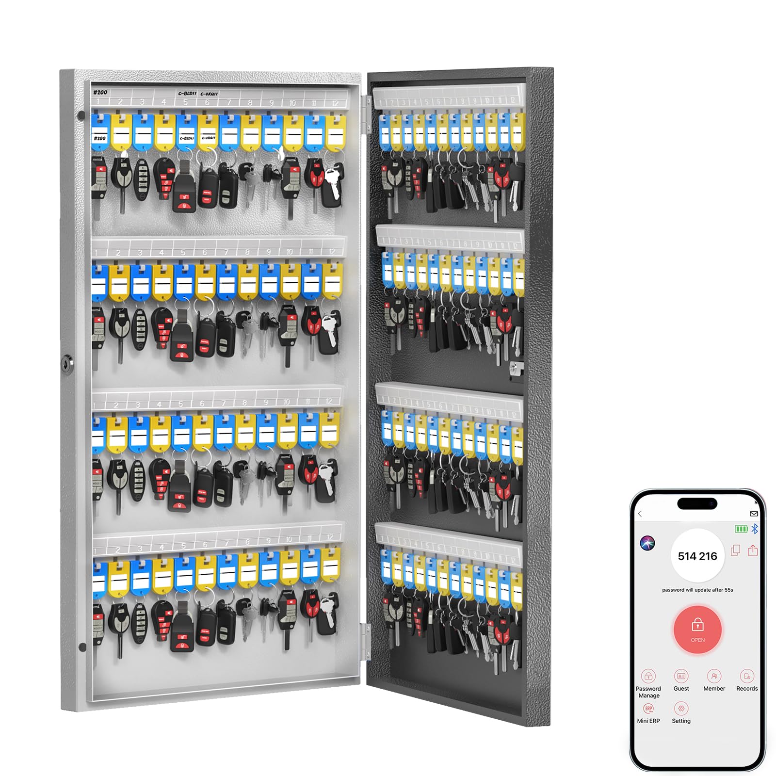 Wehere 96 Key Lock Box Wall Mount, App Bluetooth/Otp/Wi-Fi/Fixed Code/Key Unlock, Smart Key Cabinet With Key Tag, Key Organizer