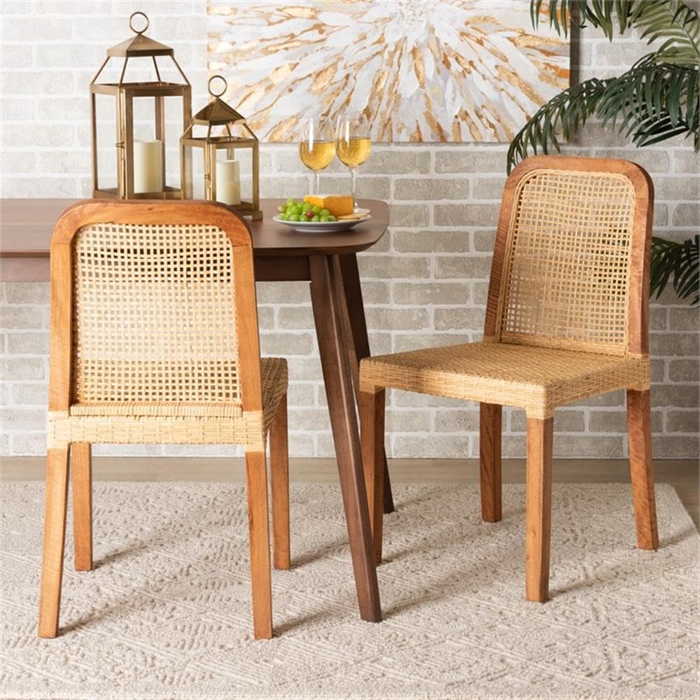 Baxton Studio Caspia Modern Brown Wood and Rattan 2-Piece Dining Chair Set