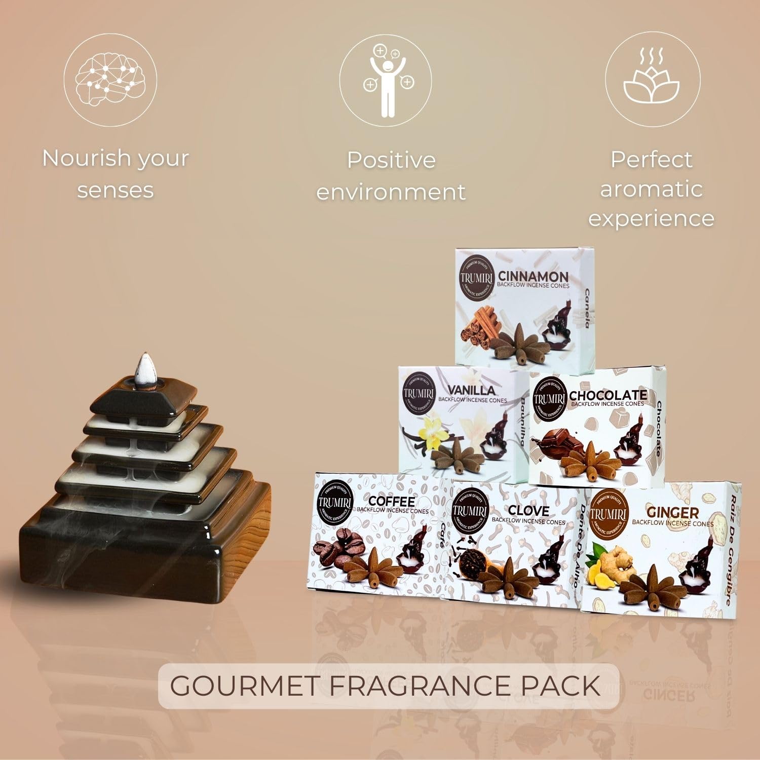 Gourmet - Backflow Incense Cones For Waterfall - Scented Inscents-Cones - Cinnamon, Vanilla, Coffee, Chocolate, Clove, Ginger -