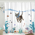 Lifeella Funny Cat Shower Curtain Teal Blue Sea Ocean Waterproof Fabric Shower Curtains For Bathroom With Animal Octopus Starfis
