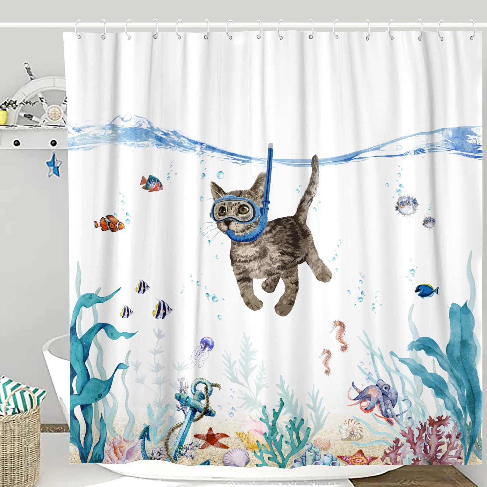 Lifeella Funny Cat Shower Curtain Teal Blue Sea Ocean Waterproof Fabric Shower Curtains For Bathroom With Animal Octopus Starfis