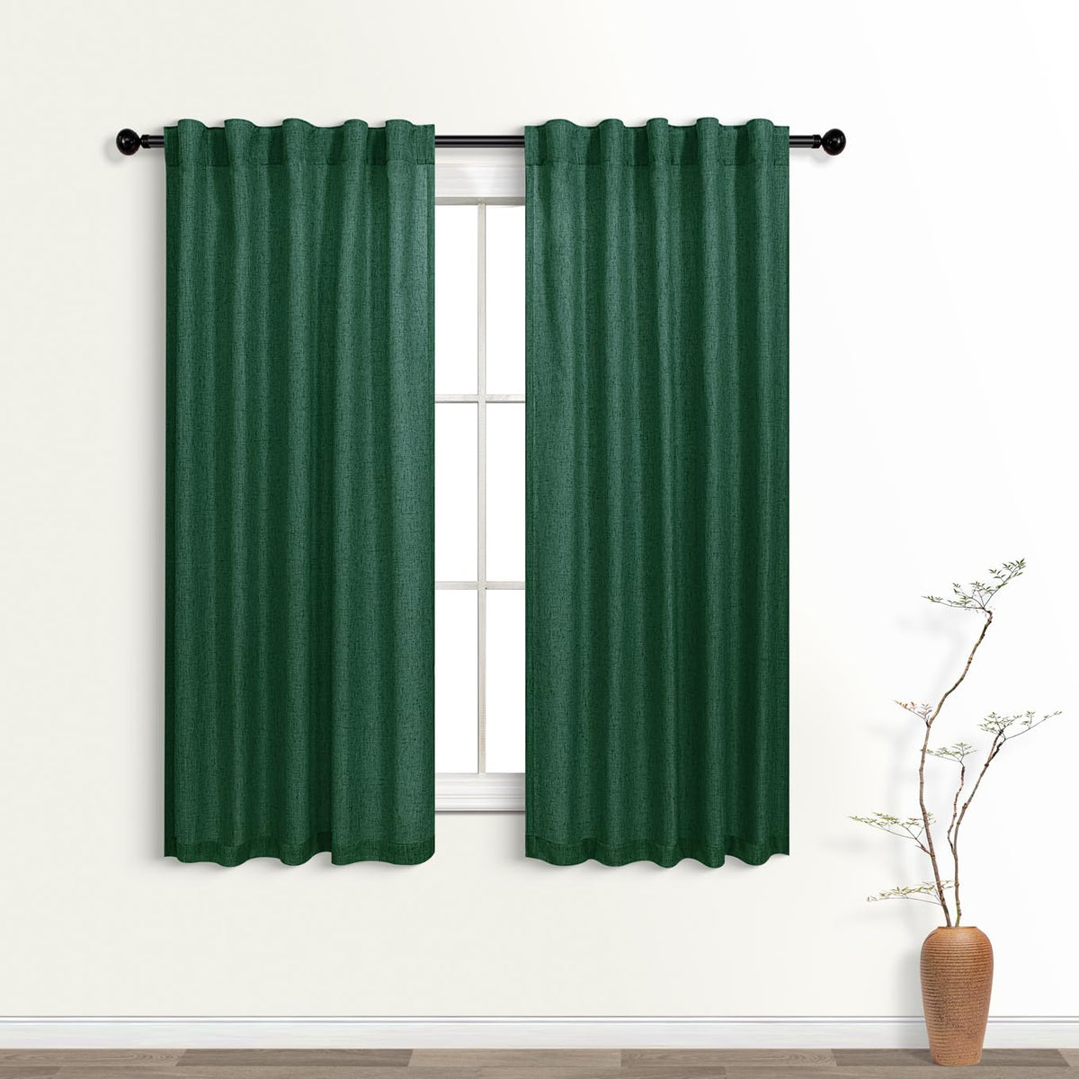 Koufall Dark Green Back Tab Rod Pocket Linen Sheer Curtains For Living Room 36X54 Inches Long