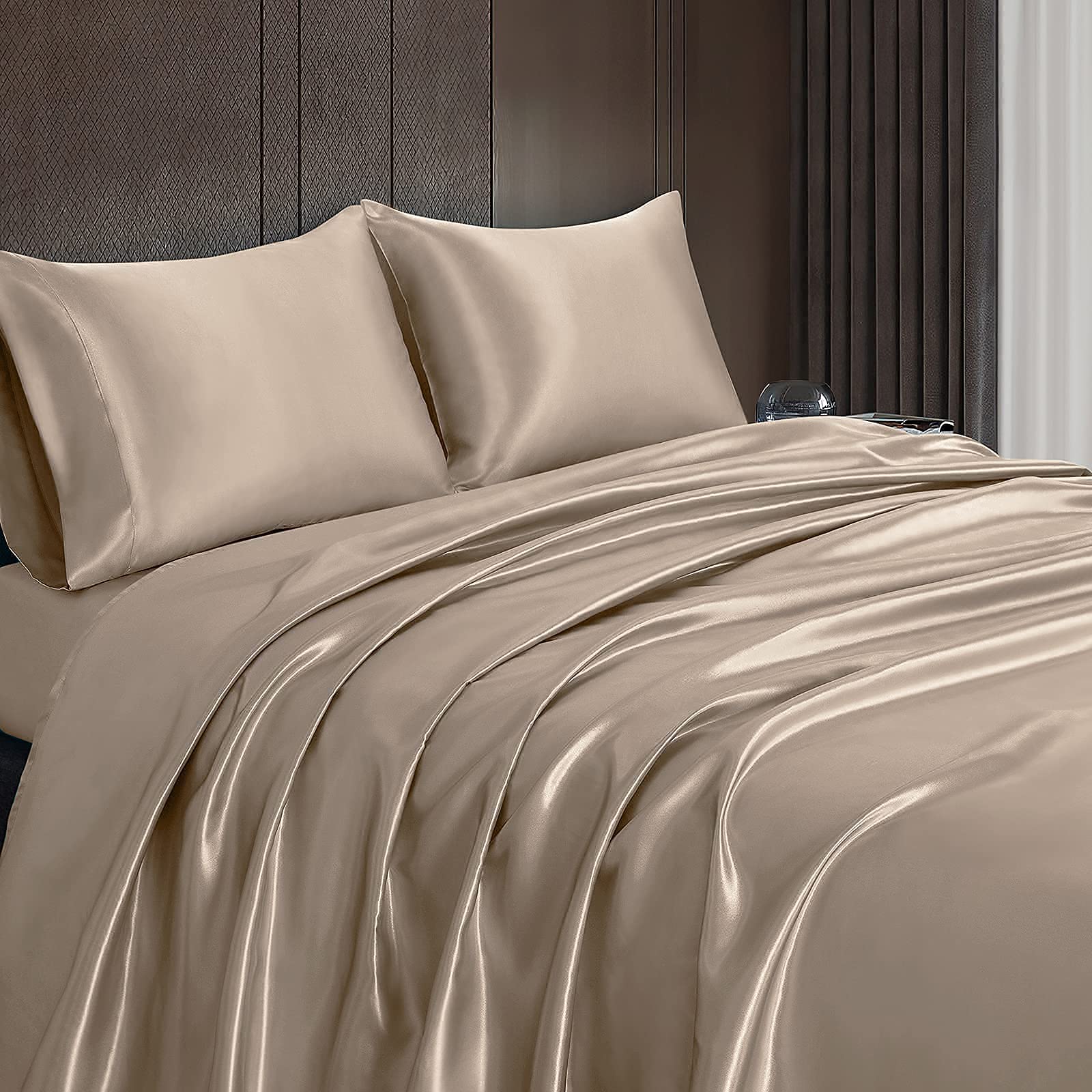 Homiest 4Pcs Rv Short Queen Satin Sheets Set Luxury Silky Satin Bedding Set With 10' Deep Pocket, Camper Queen Sheets, 1 Fitted Sheet + 1 Flat Sheet + 2 Pillowcases (Rv Short Queen, Taupe)