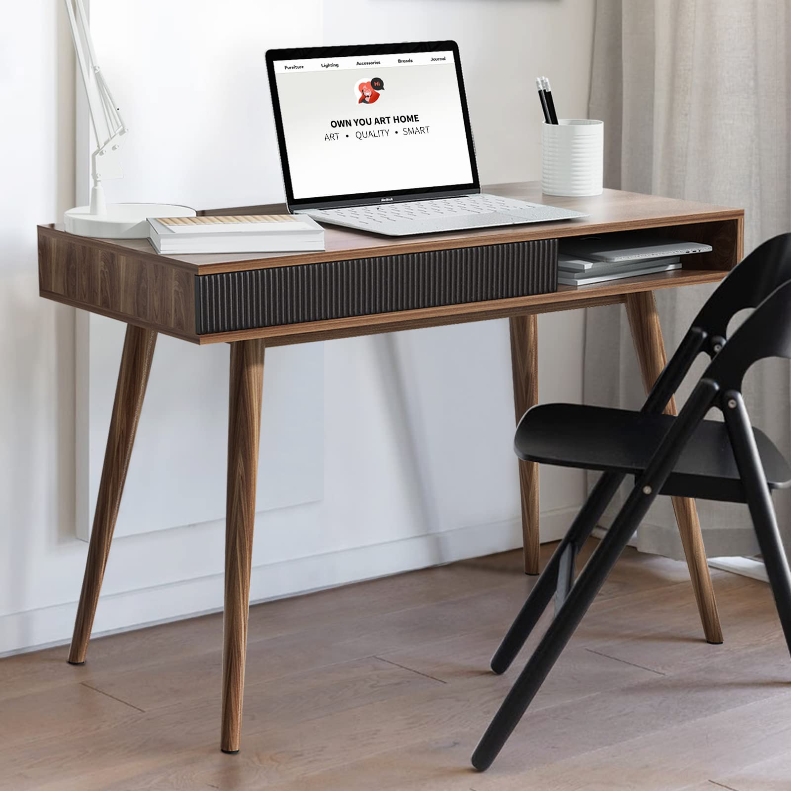 Artswish Office Desk Mid Century Modern Desk Writing Desk With Drawer Simple Home Office Desk Mid Century Desk, Walnut