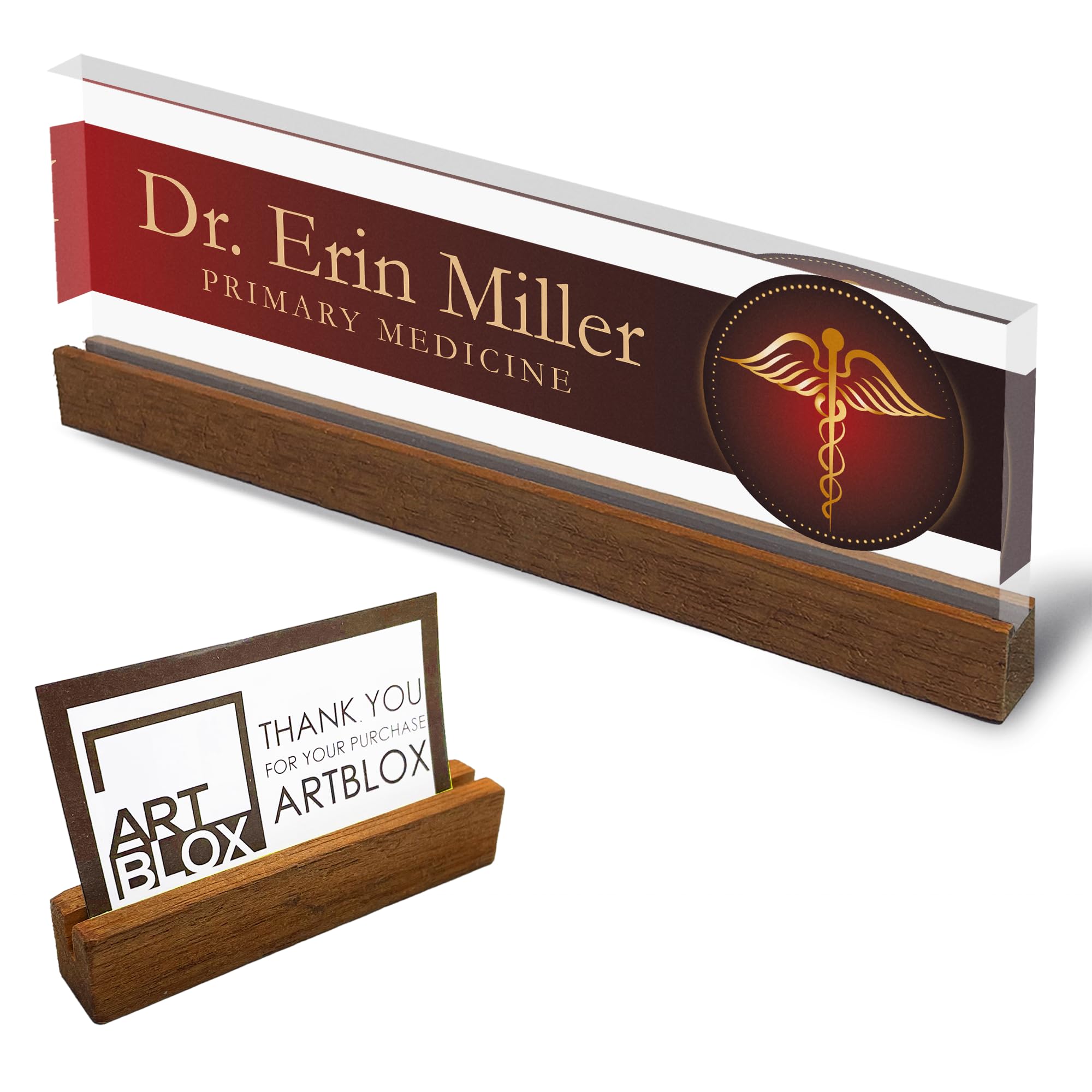 Artblox Personalized Office Desk Name Plate And Business Card Holder | Clear Acrylic Glass With Teak Wood Stand | Doctor Design