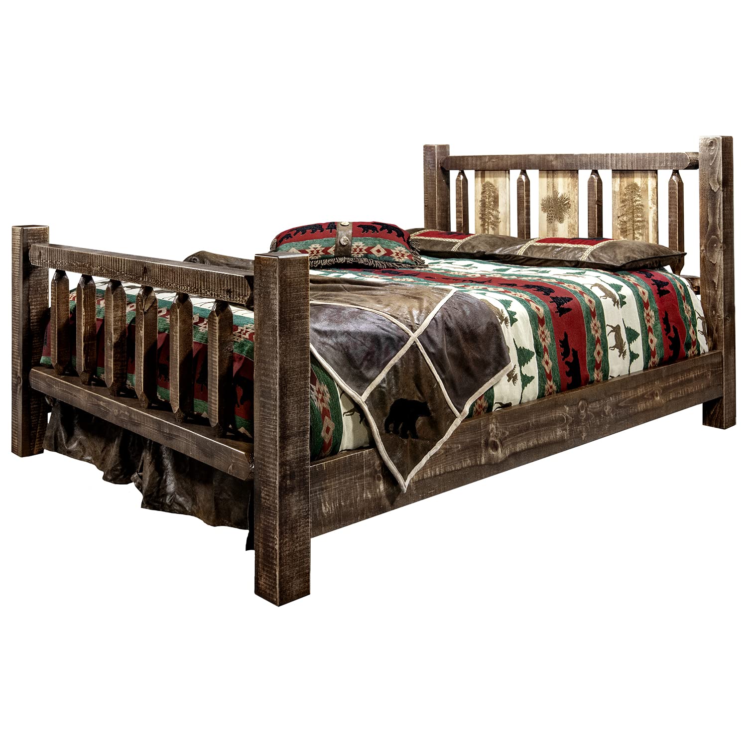 Montana Woodworks Homestead Collection California King Bed w/Laser Engraved Pine Tree Design, Stain & Clear Lacquer Finish