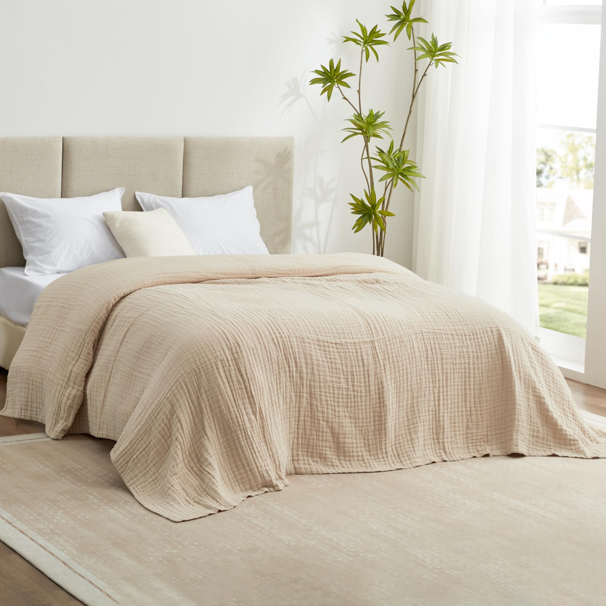 Love'S Cabin 6 Layer Cotton Muslin Blanket, 108'X90' Muslin King Size Blanket For Bed Couch, Beige King Muslin Blanket, Cotton