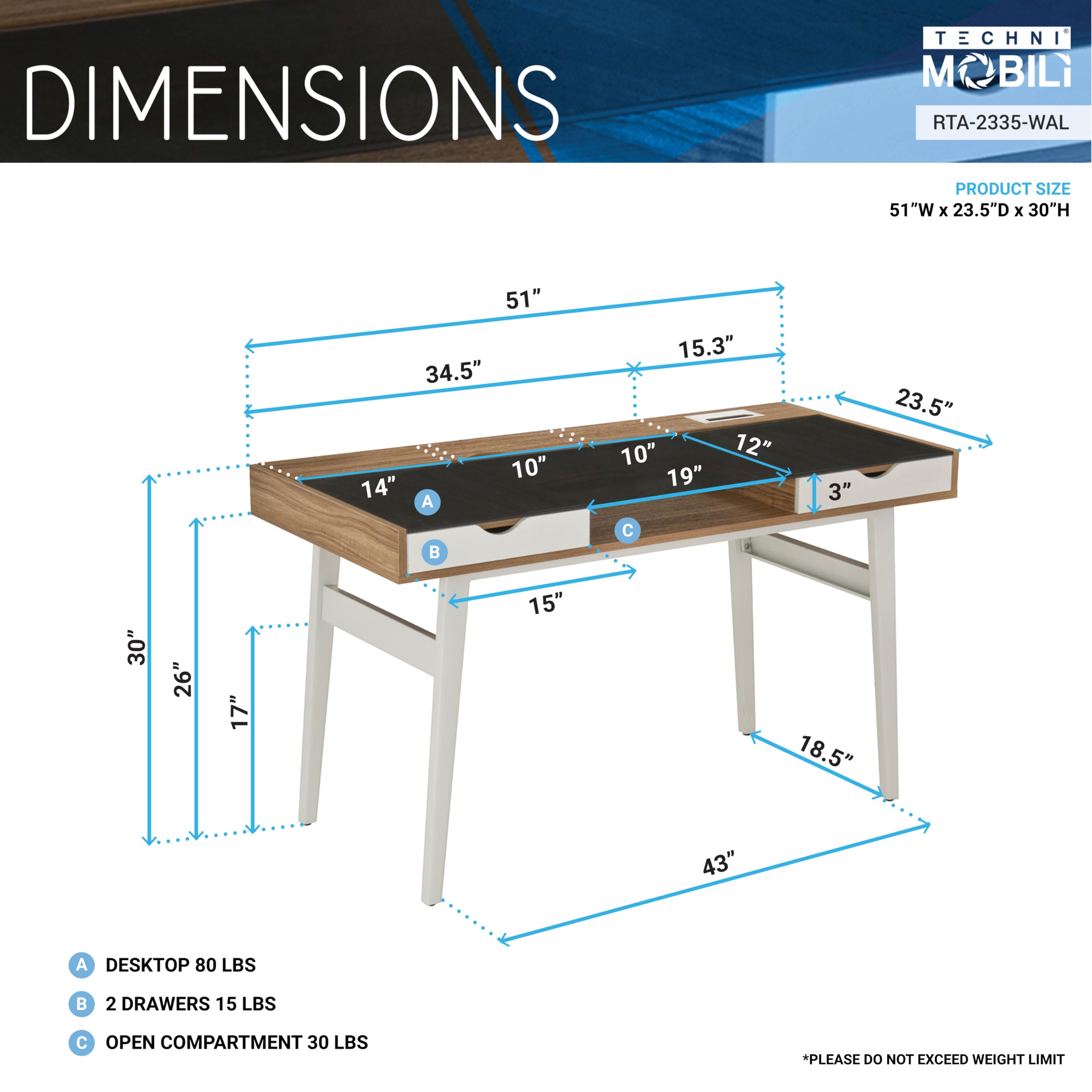 Techni Mobili Compact Multiple Storage Computer Desk, 51X23.5X30, Walnut