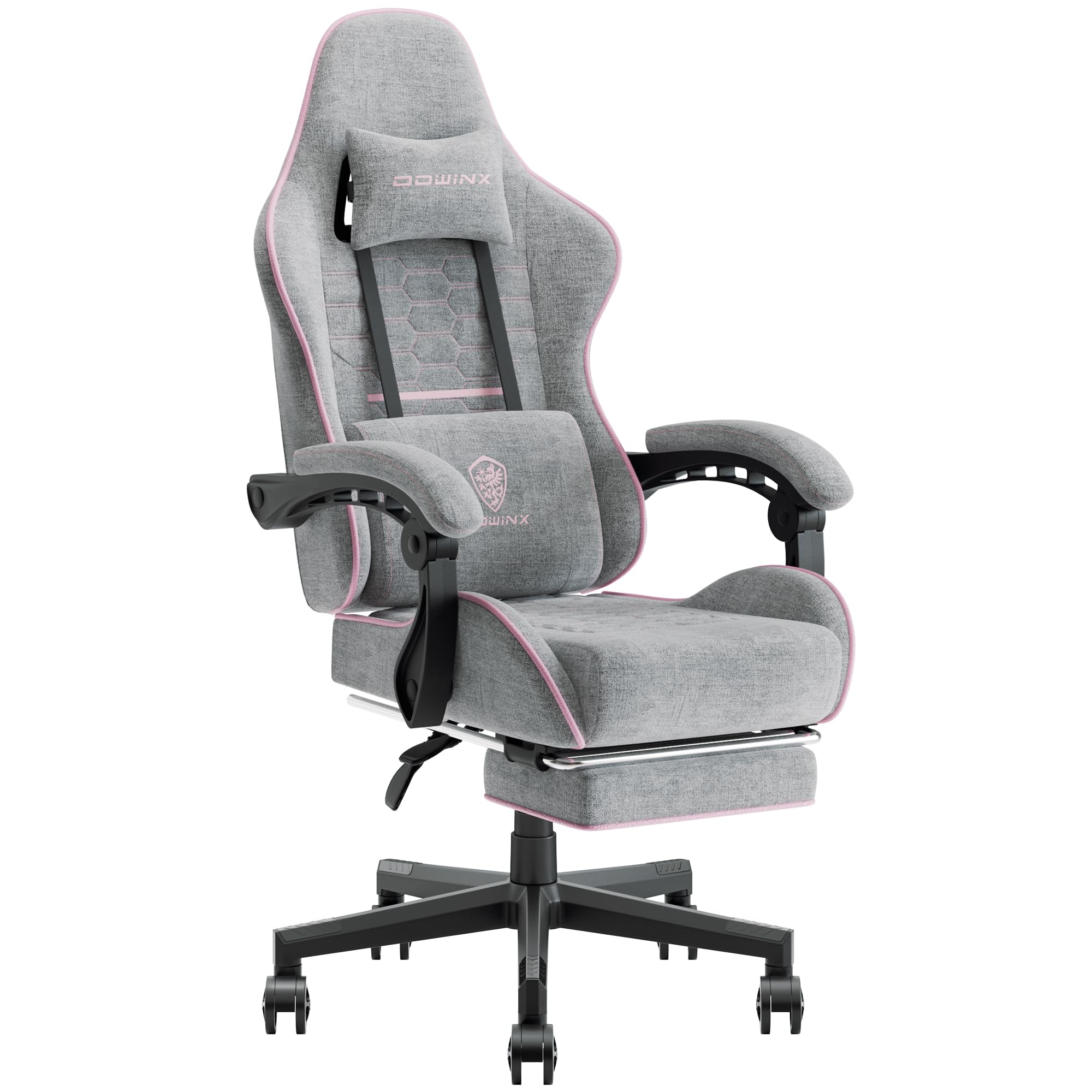 Dowinx Gaming Chair Fabric With Pocket Spring Cushion, Massage Game Chair Cloth With Headrest, Ergonomic Computer Chair With Footrest 290Lbs, Pink And Grey