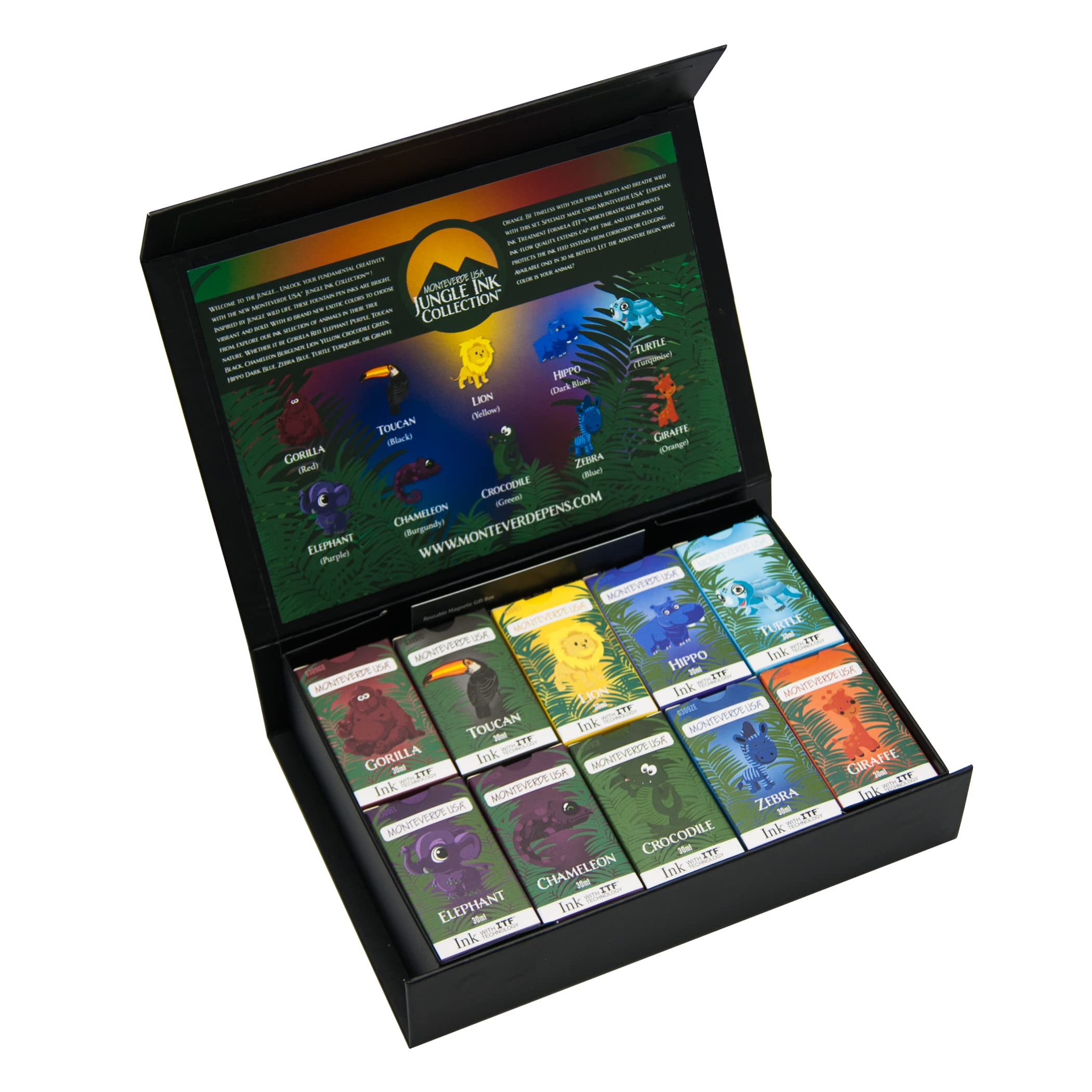 Monteverde Usa Jungle Ink Collection Gift Set - 10 Exotic Fountain Pen Inks, 30Ml Bottles, Vibrant Colors