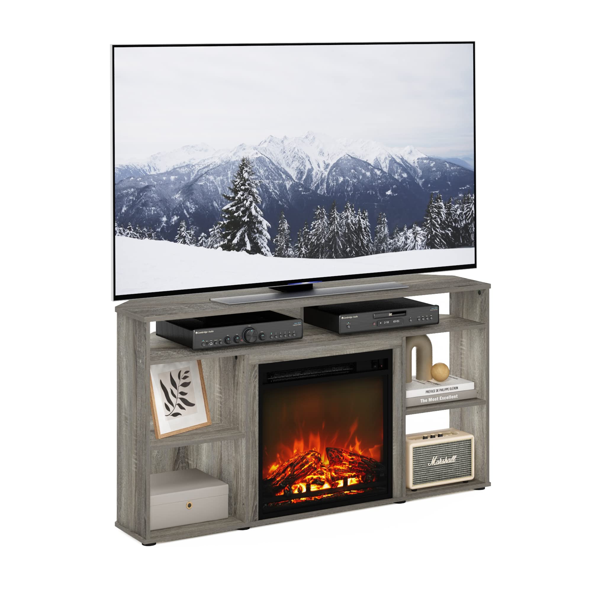 Furinno Jensen Corner Tv Stand With Fireplace For Tv Up To 55 Inches, French Oak Grey