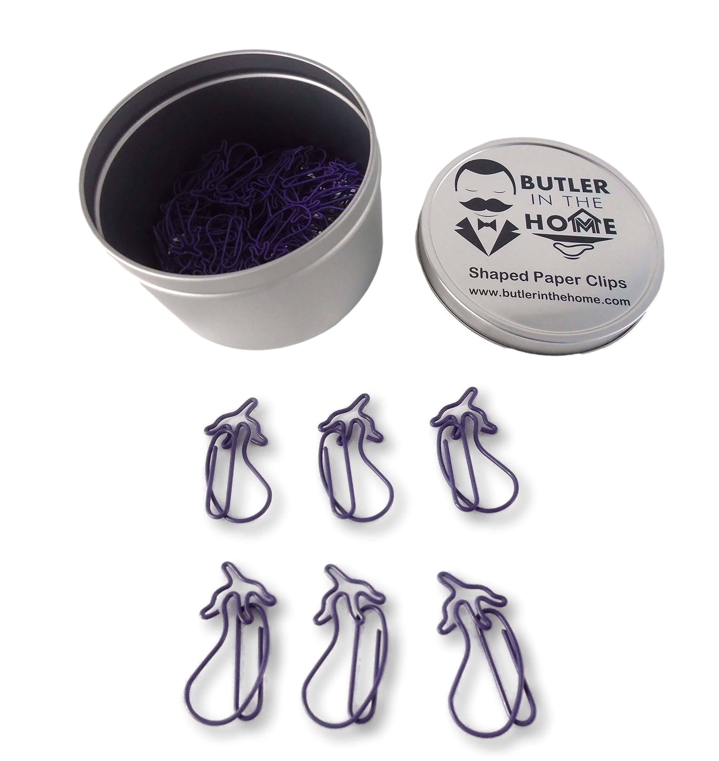 Butler In The Home 100 Count Eggplant Shaped Paper Clips Great For Paper Clip Collectors Or Office Gift - Comes In Round Tin Wit