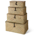 Woanger Set of 4 Seagrass Basket with Lids Woven Rattan Wicker Storage Basket Decorative Storage Boxes Rectangular Baskets for D